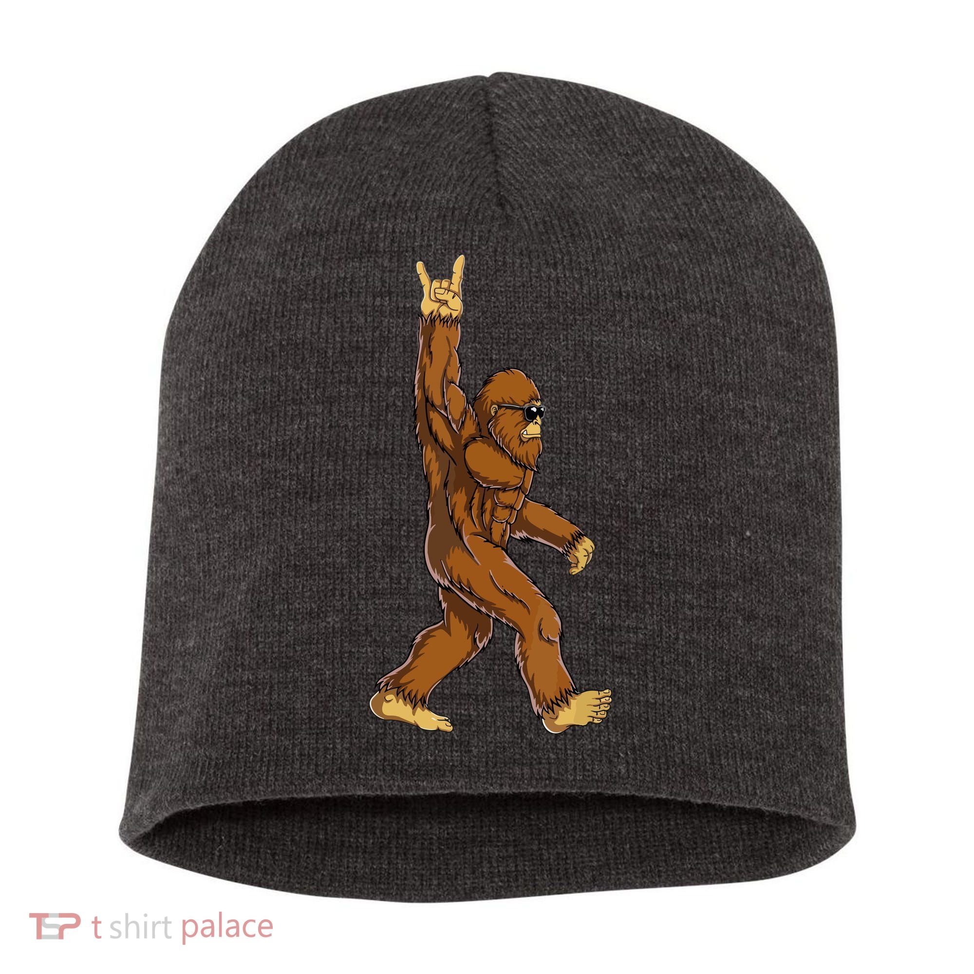 Funny Bigfoot Rock On Sasquatch Rock And Roll Gift Short Acrylic Beanie