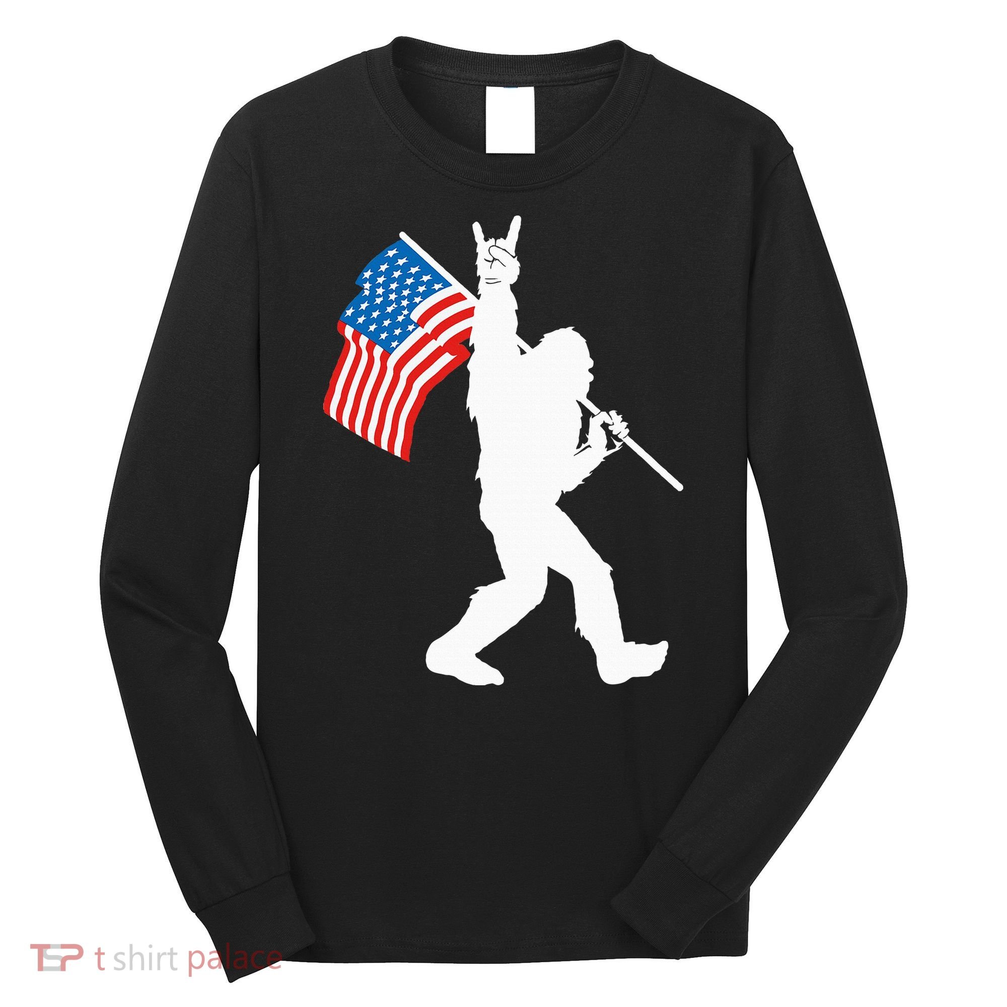 Funny Bigfoot Rock And Roll USA Flag For Sasquatch Believers Long Sleeve Shirt