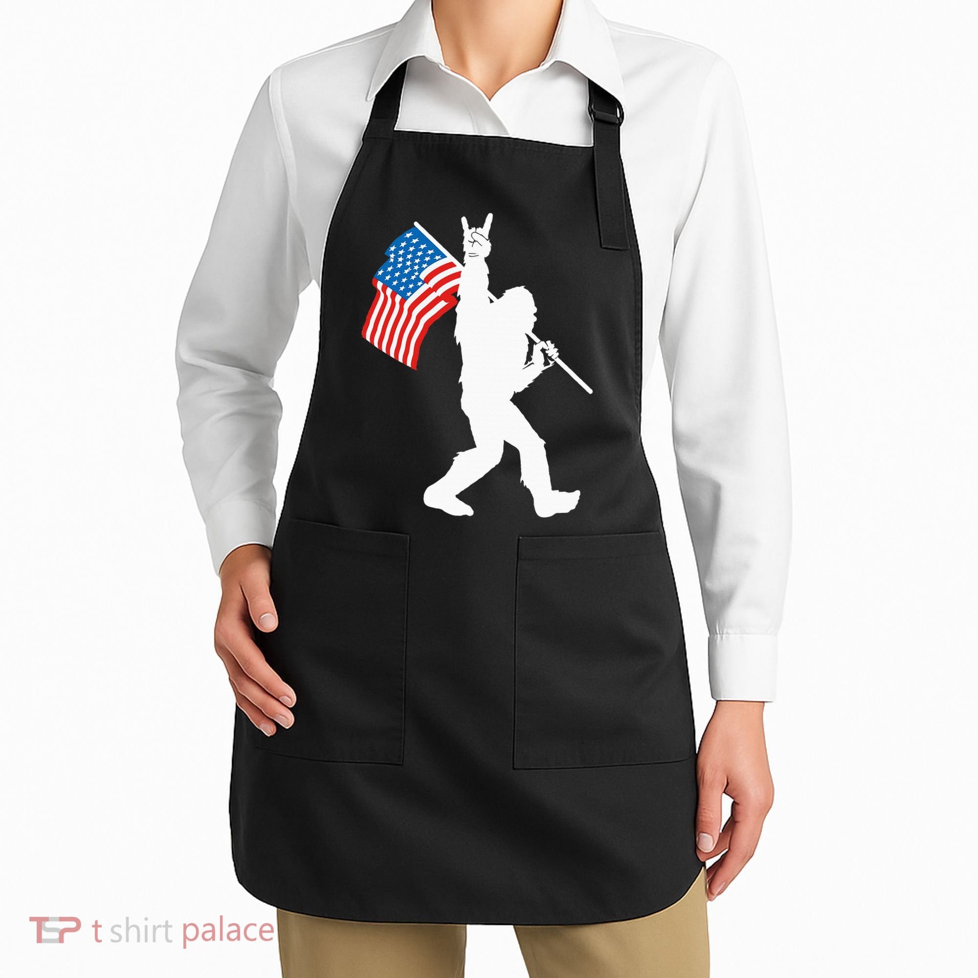 Funny Bigfoot Rock And Roll USA Flag For Sasquatch Believers Apron