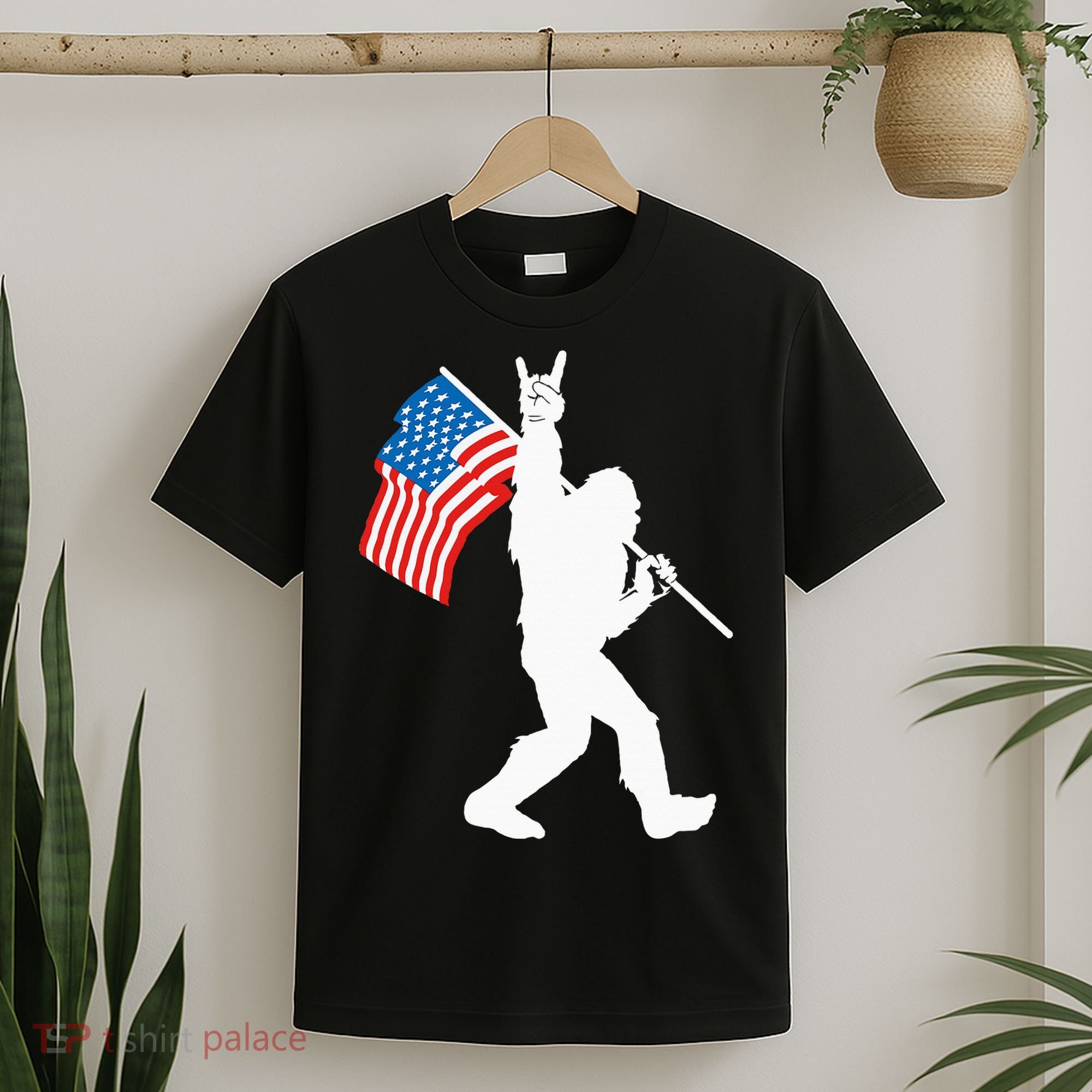Funny Bigfoot Rock And Roll USA Flag For Sasquatch Believers T-Shirt