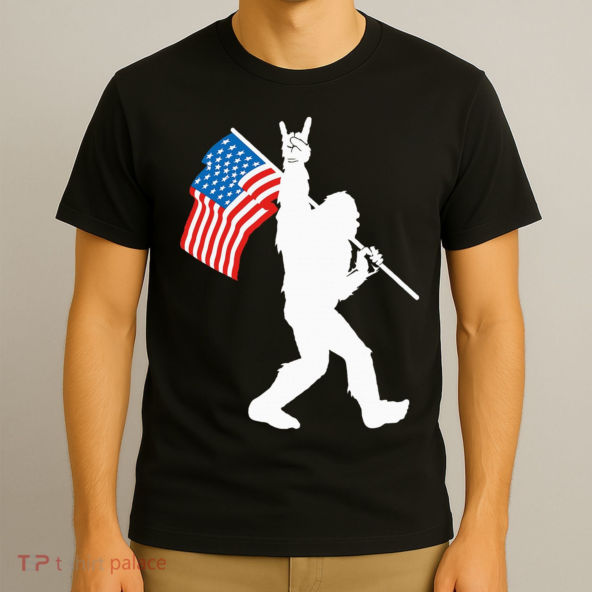 Funny Bigfoot Rock And Roll USA Flag For Sasquatch Believers T-Shirt