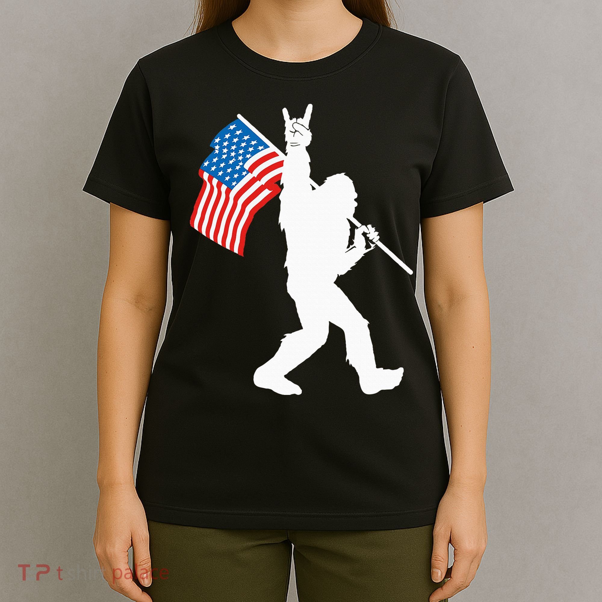 Funny Bigfoot Rock And Roll USA Flag For Sasquatch Believers T-Shirt