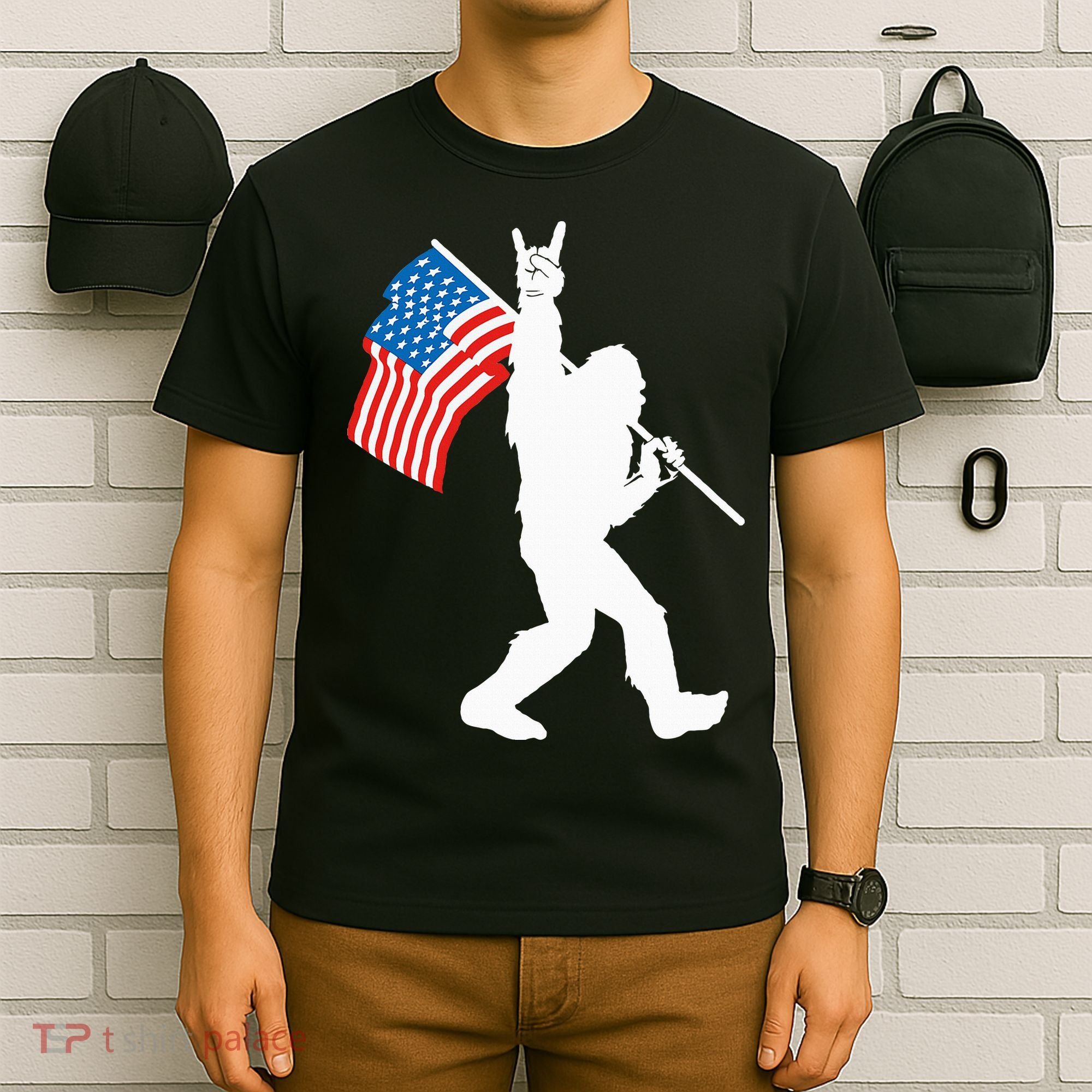 Funny Bigfoot Rock And Roll USA Flag For Sasquatch Believers T-Shirt