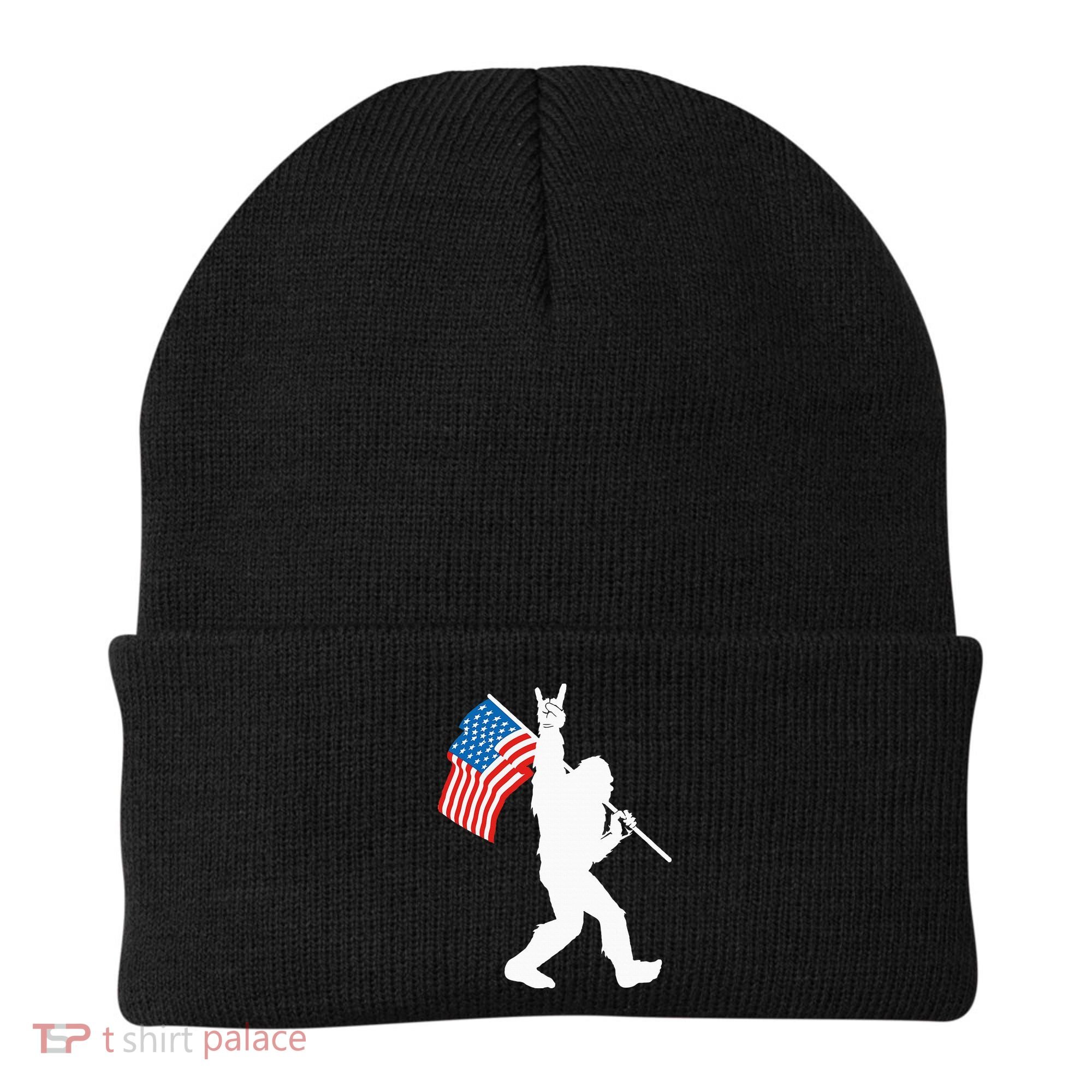 Funny Bigfoot Rock And Roll USA Flag For Sasquatch Believers Beanie