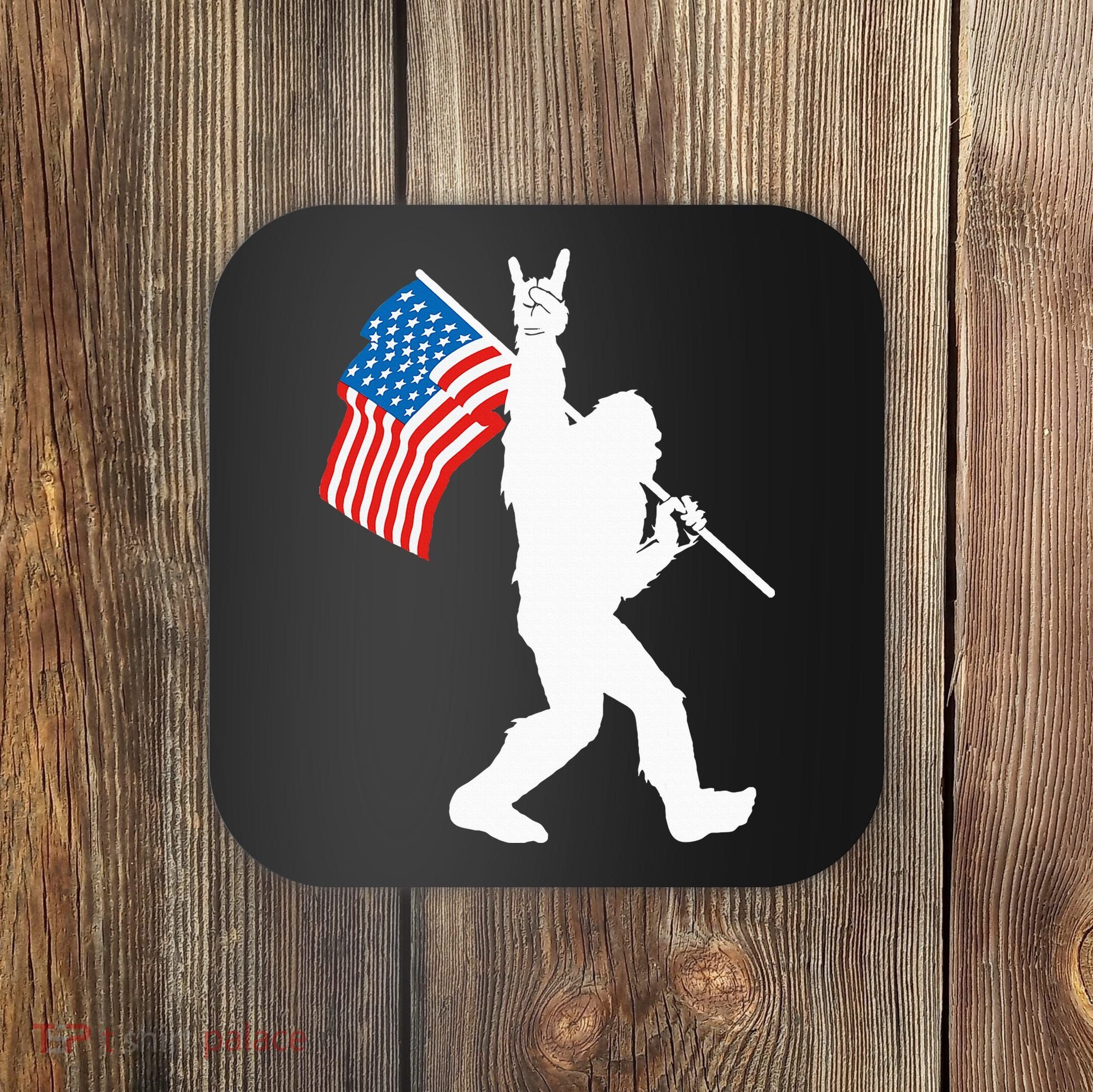 Funny Bigfoot Rock And Roll USA Flag For Sasquatch Believers Coaster