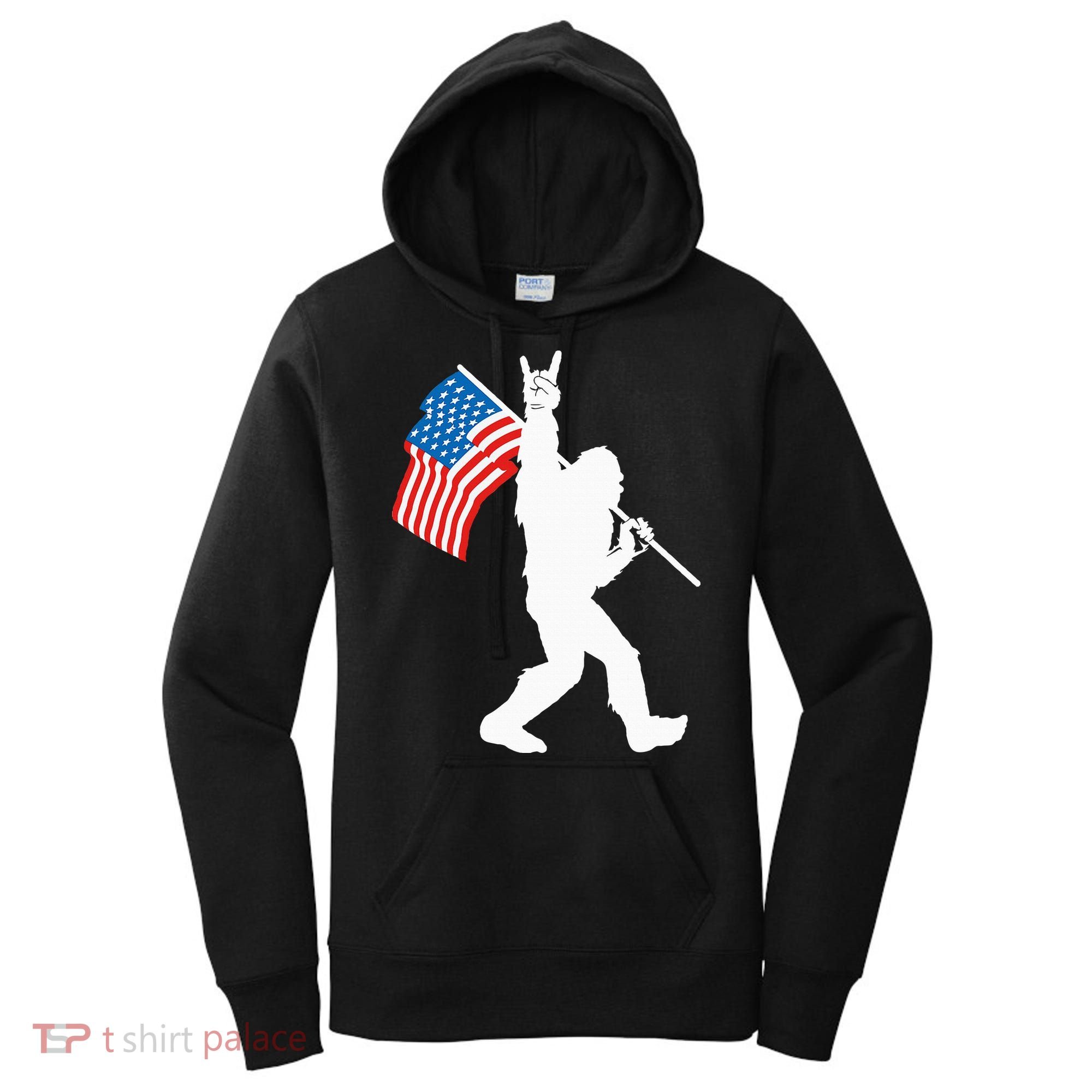 Funny Bigfoot Rock And Roll USA Flag For Sasquatch Believers Women's Hoodie