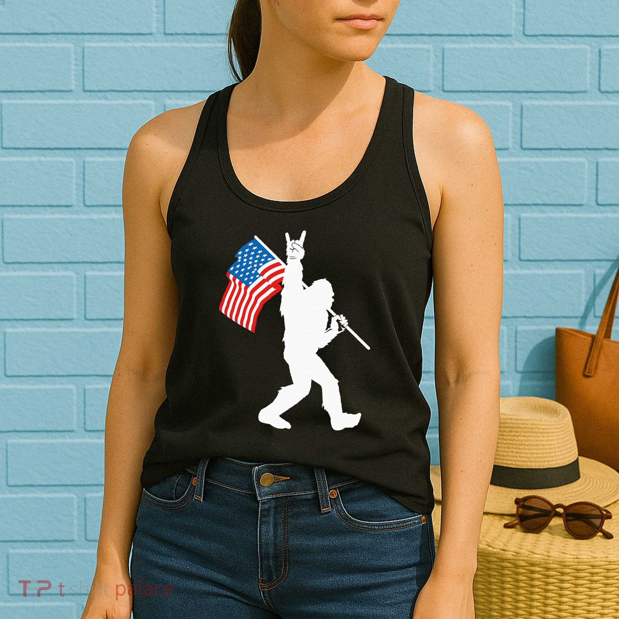 Funny Bigfoot Rock And Roll USA Flag For Sasquatch Believers Women's Tank Top