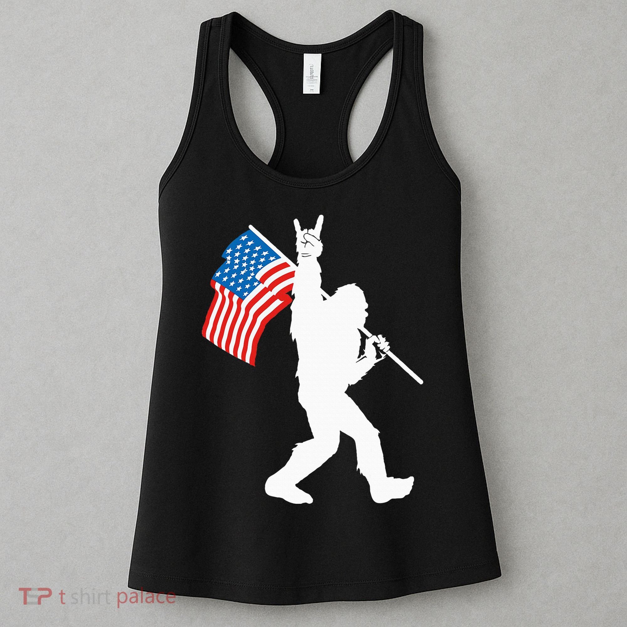Funny Bigfoot Rock And Roll USA Flag For Sasquatch Believers Women's Tank Top
