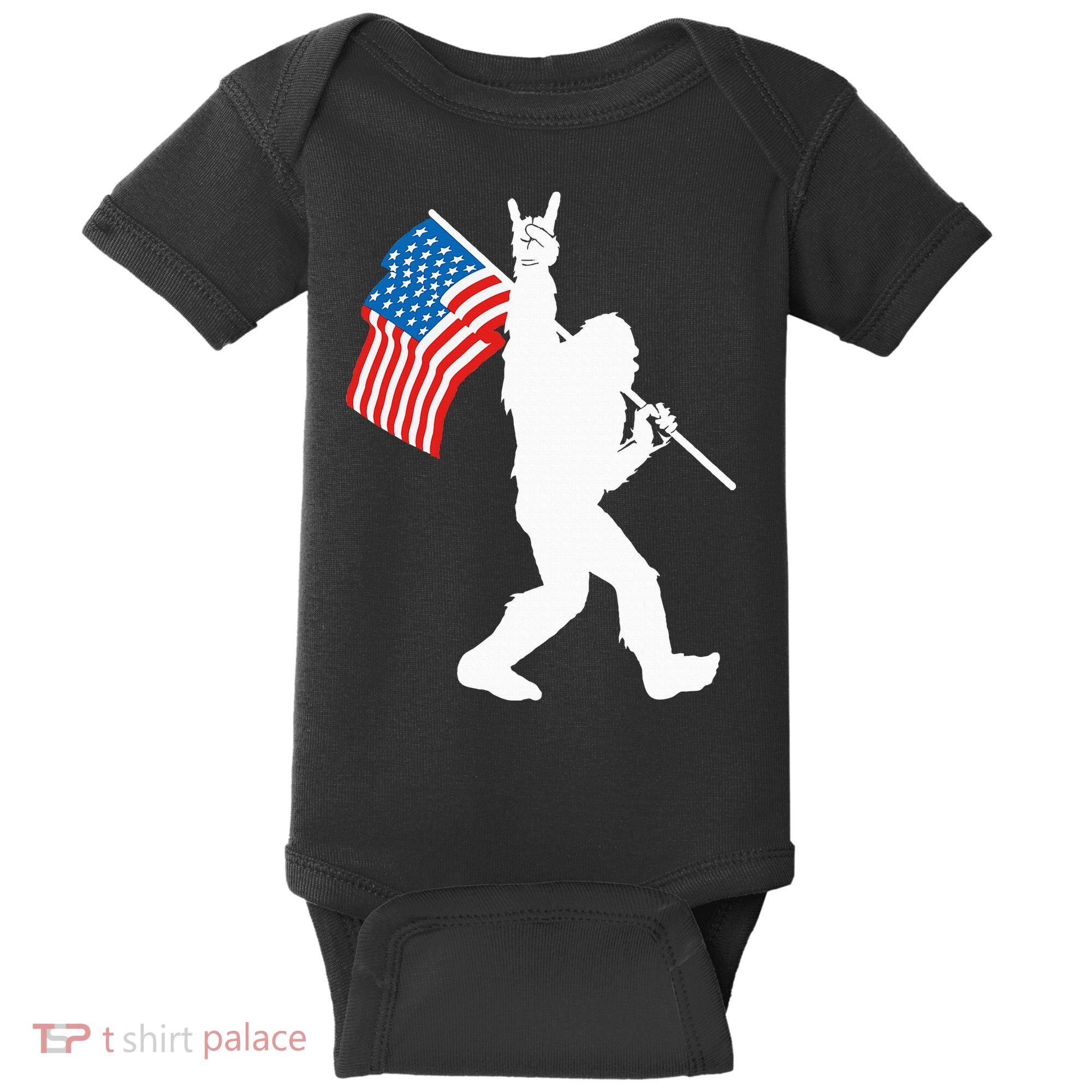 Funny Bigfoot Rock And Roll USA Flag For Sasquatch Believers Baby Bodysuit