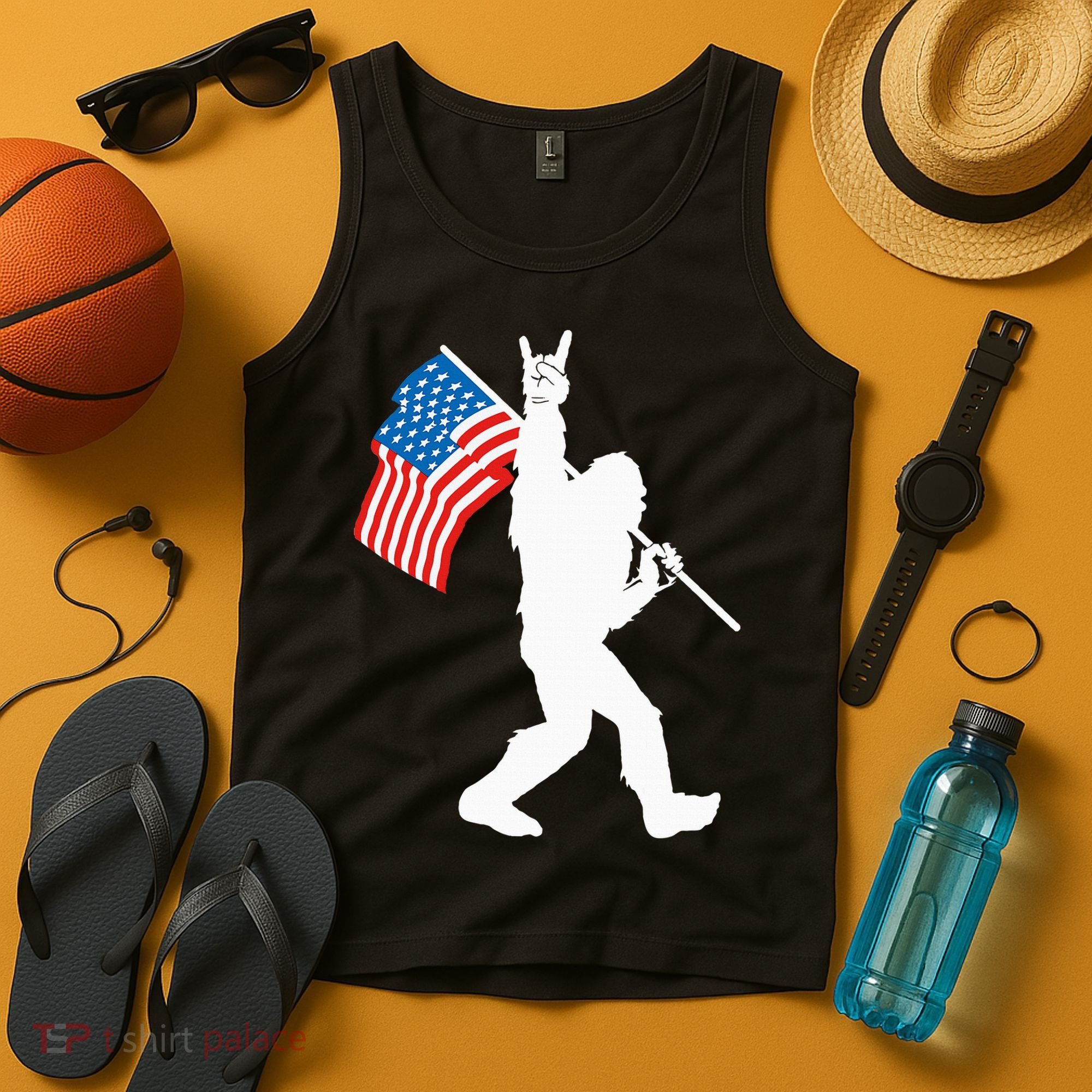 Funny Bigfoot Rock And Roll USA Flag For Sasquatch Believers Tank Top