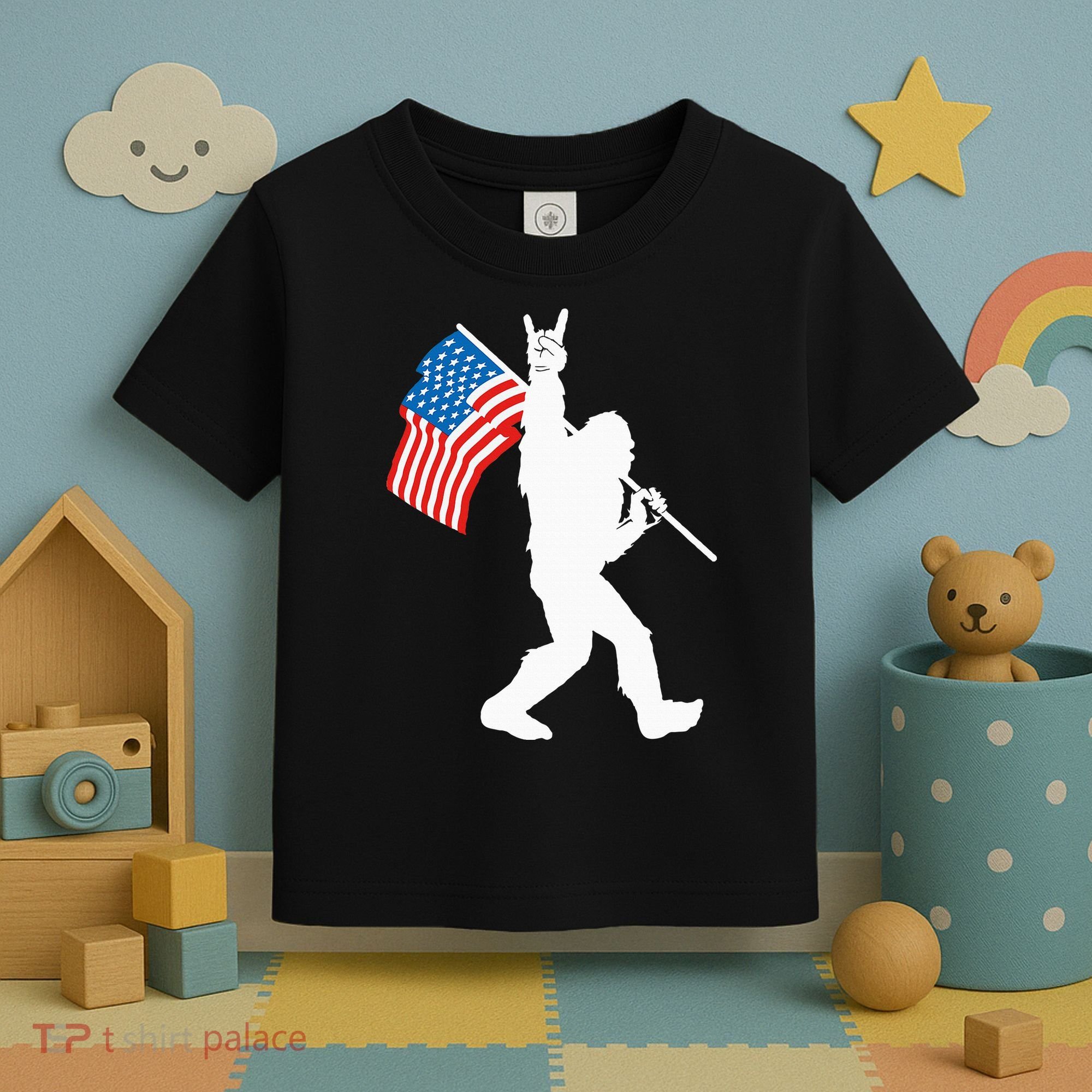 Funny Bigfoot Rock And Roll USA Flag For Sasquatch Believers Toddler T-Shirt