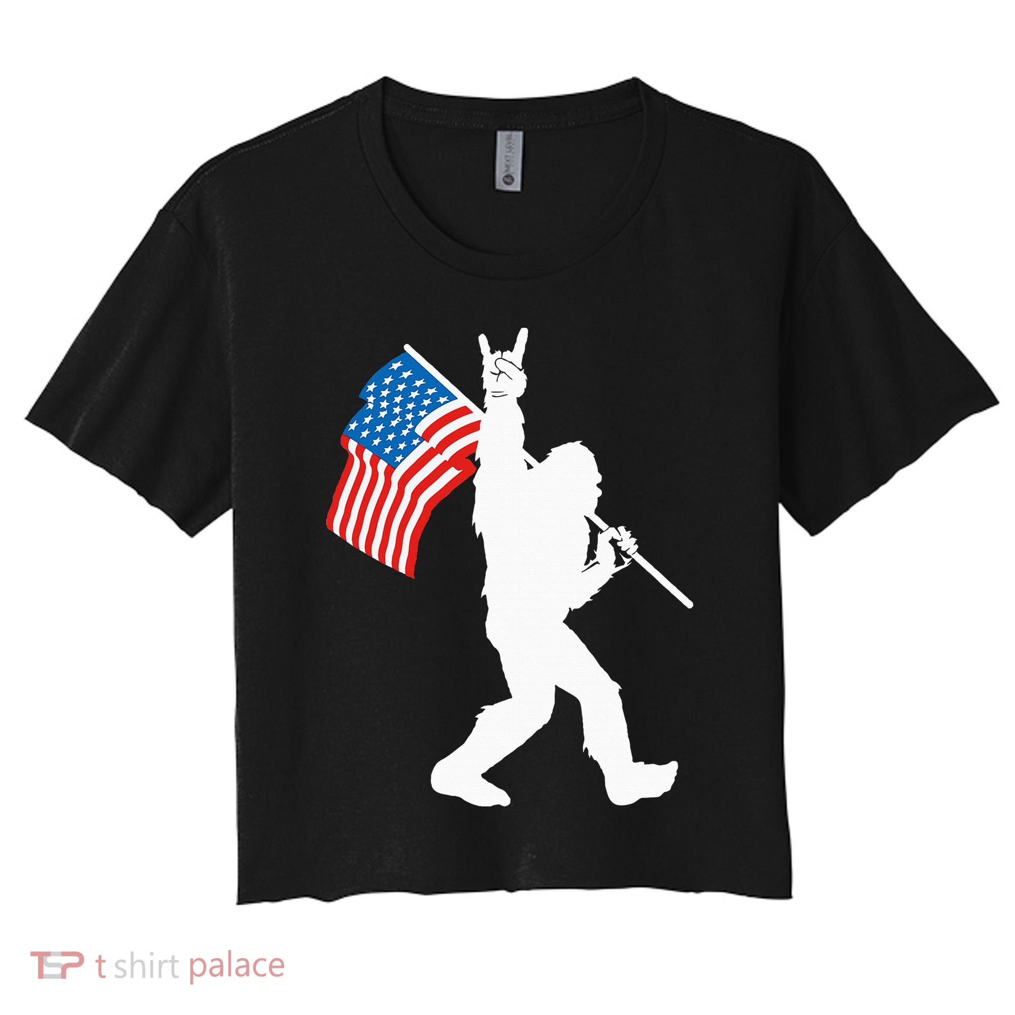Funny Bigfoot Rock And Roll USA Flag For Sasquatch Believers Women's Crop Top Tee