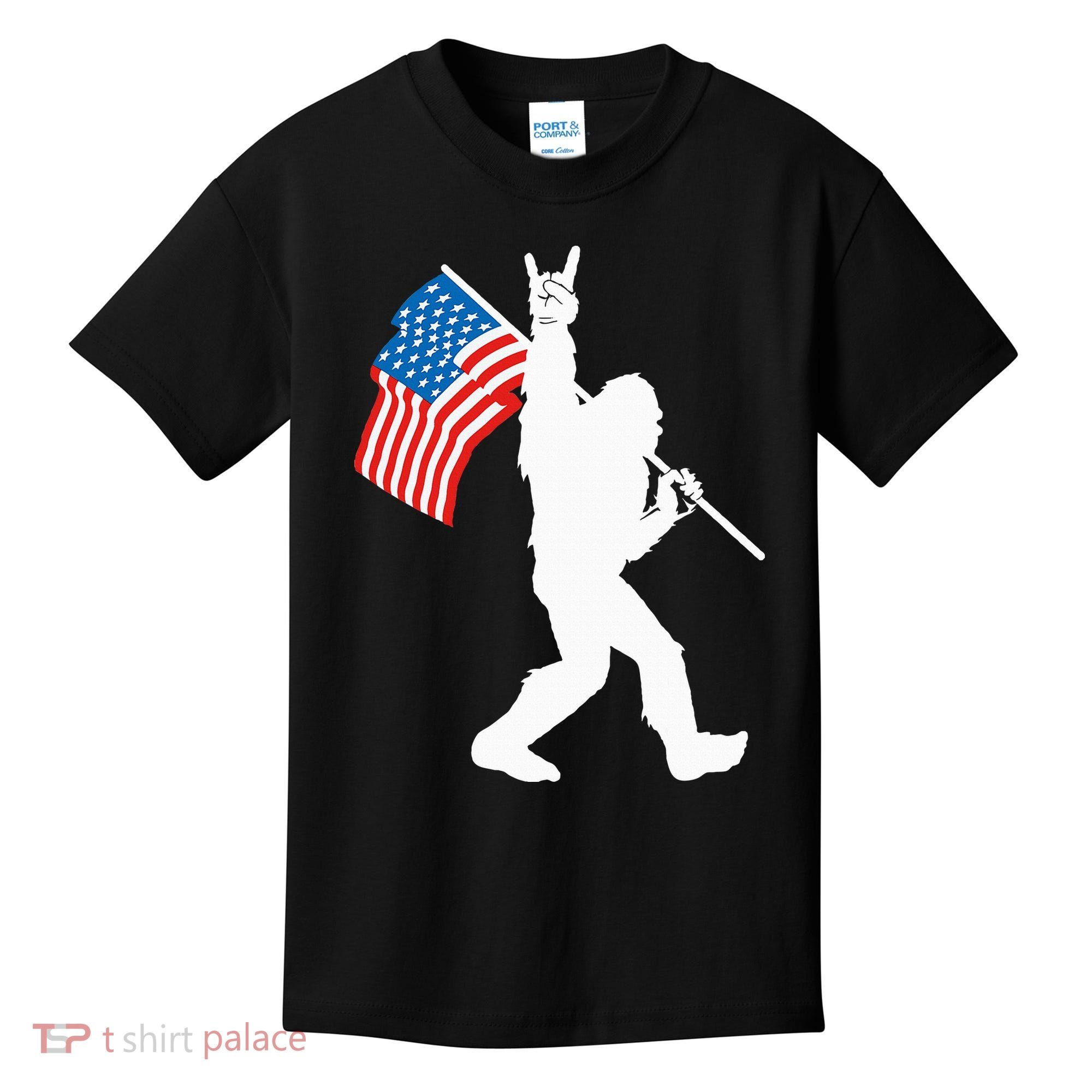 Funny Bigfoot Rock And Roll USA Flag For Sasquatch Believers Kids T-Shirt