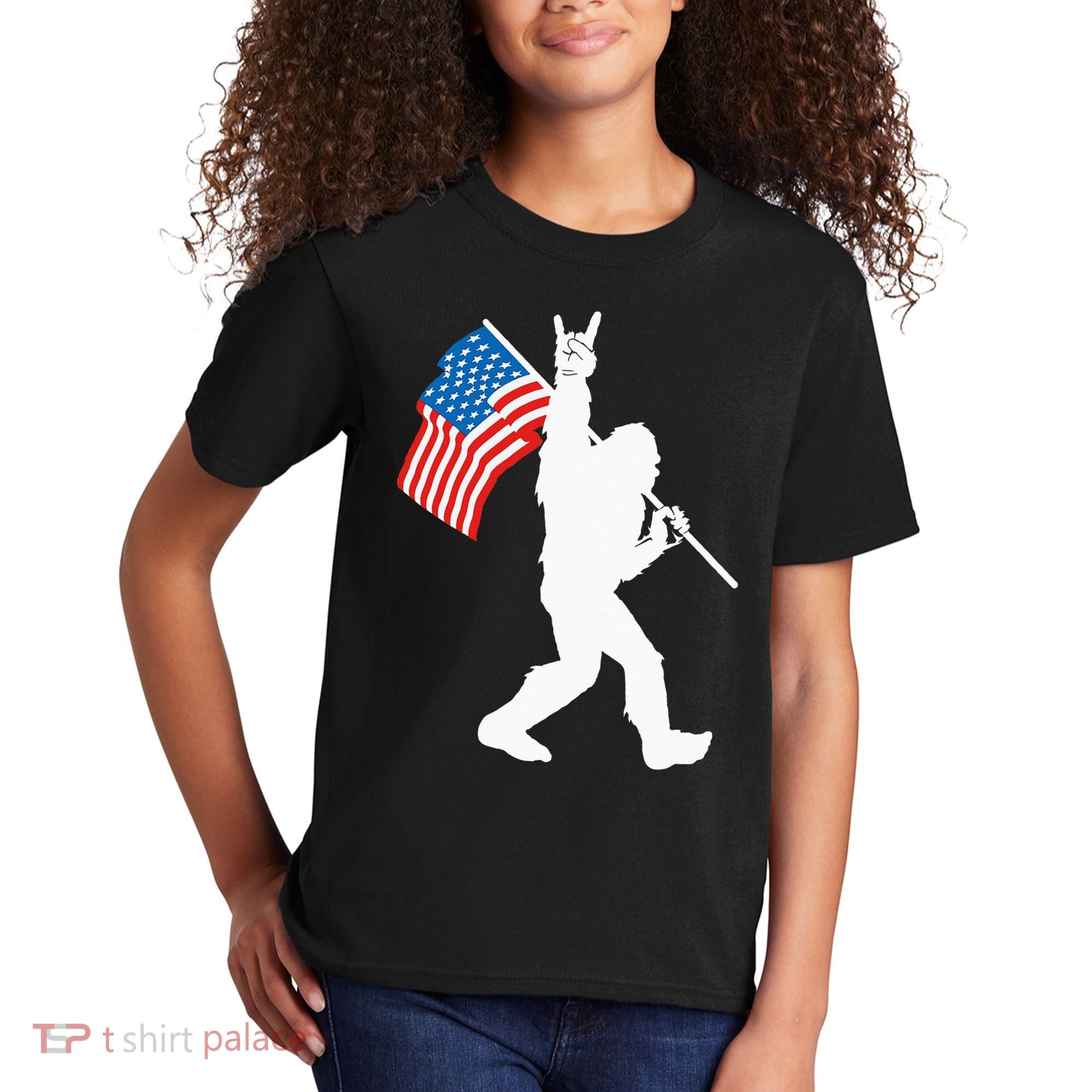 Funny Bigfoot Rock And Roll USA Flag For Sasquatch Believers Kids T-Shirt