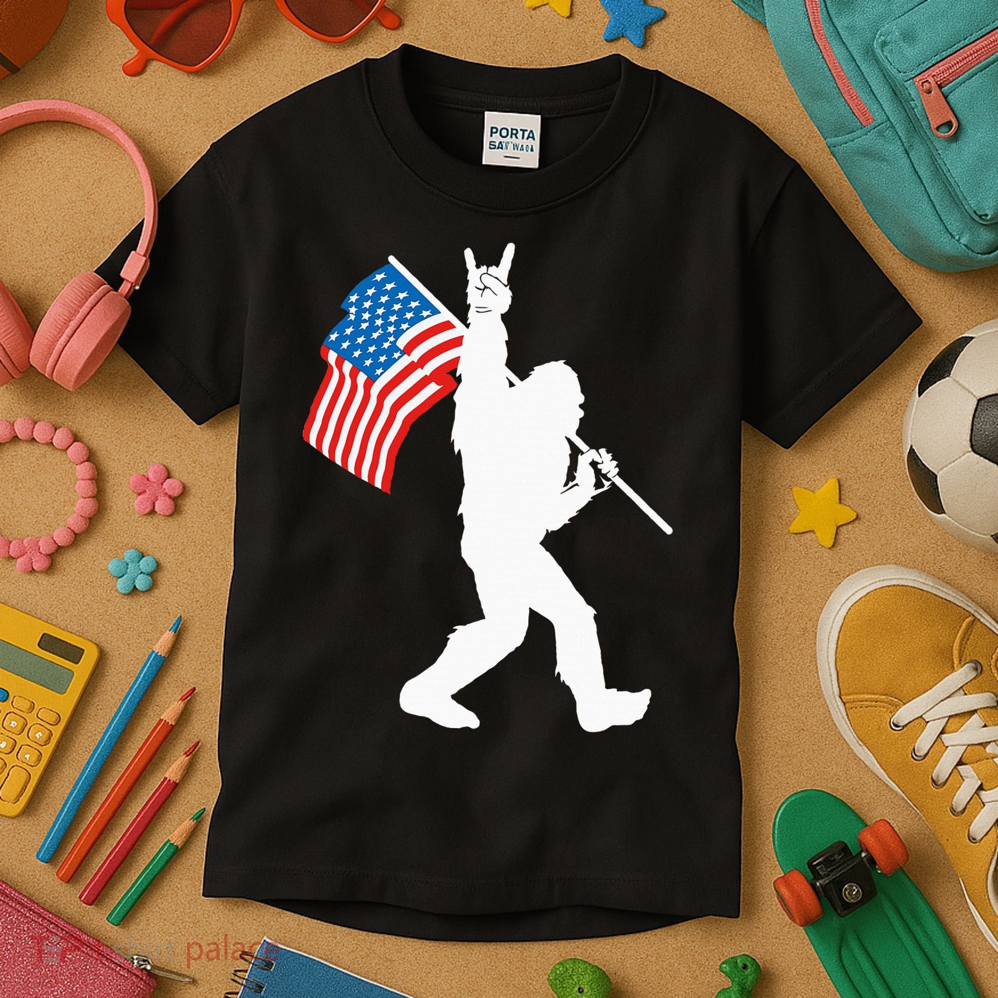Funny Bigfoot Rock And Roll USA Flag For Sasquatch Believers Kids T-Shirt