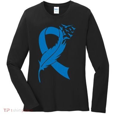 Feather Blue Ribbon Colon Cancer Women's Long Sleeve Shirt