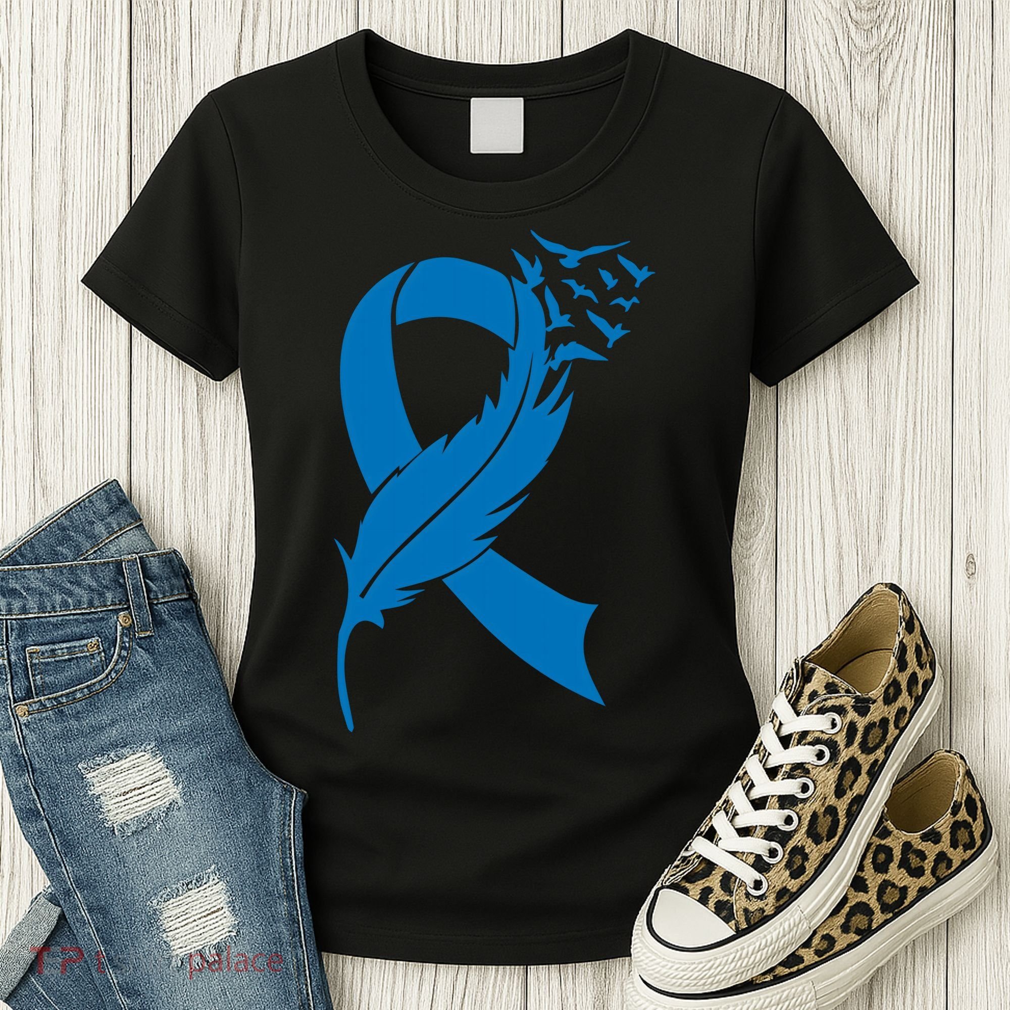 Feather Blue Ribbon Colon Cancer Women's T-Shirt