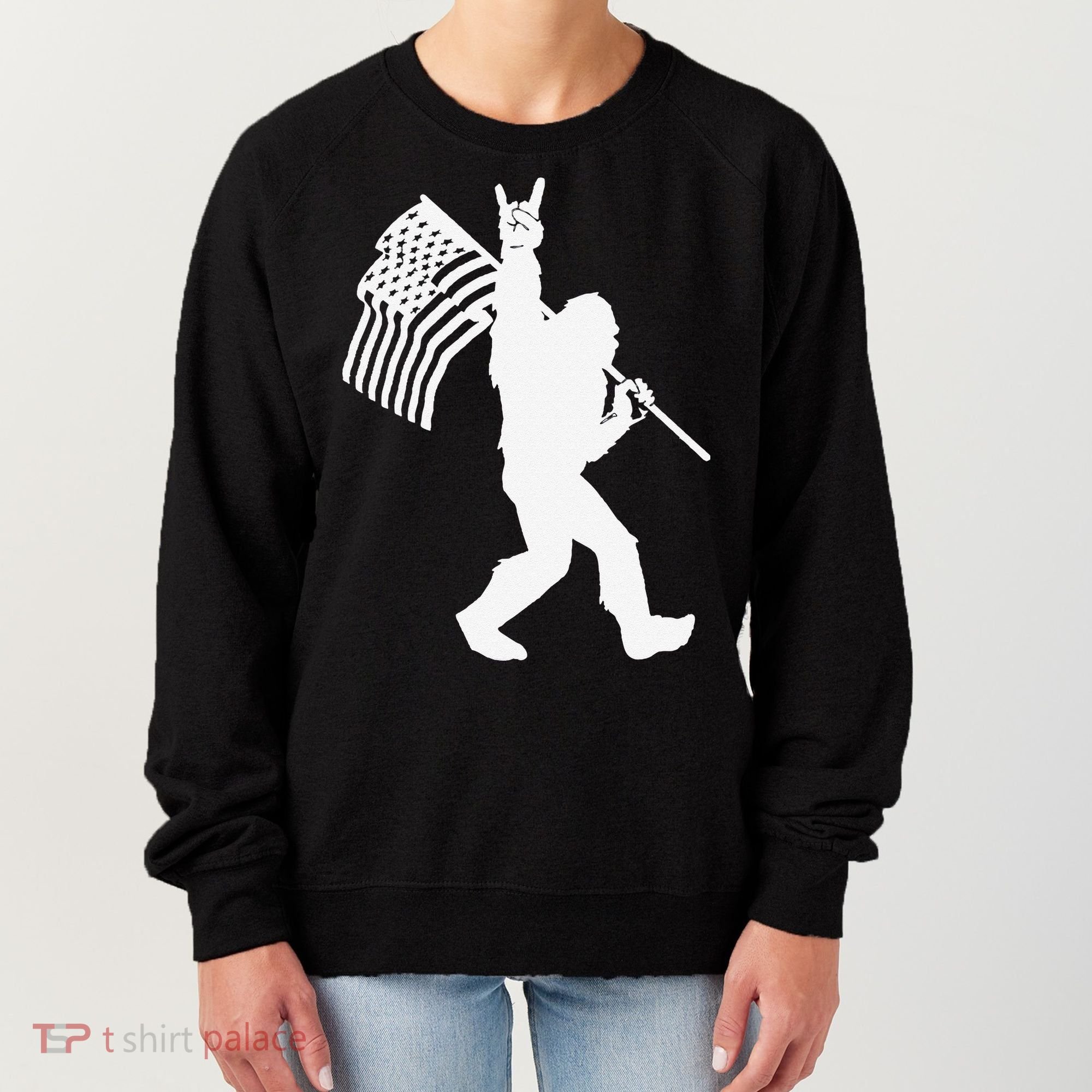 Funny Bigfoot Rock and Roll US Flag for Sasquatch Believers Women's Sweatshirt