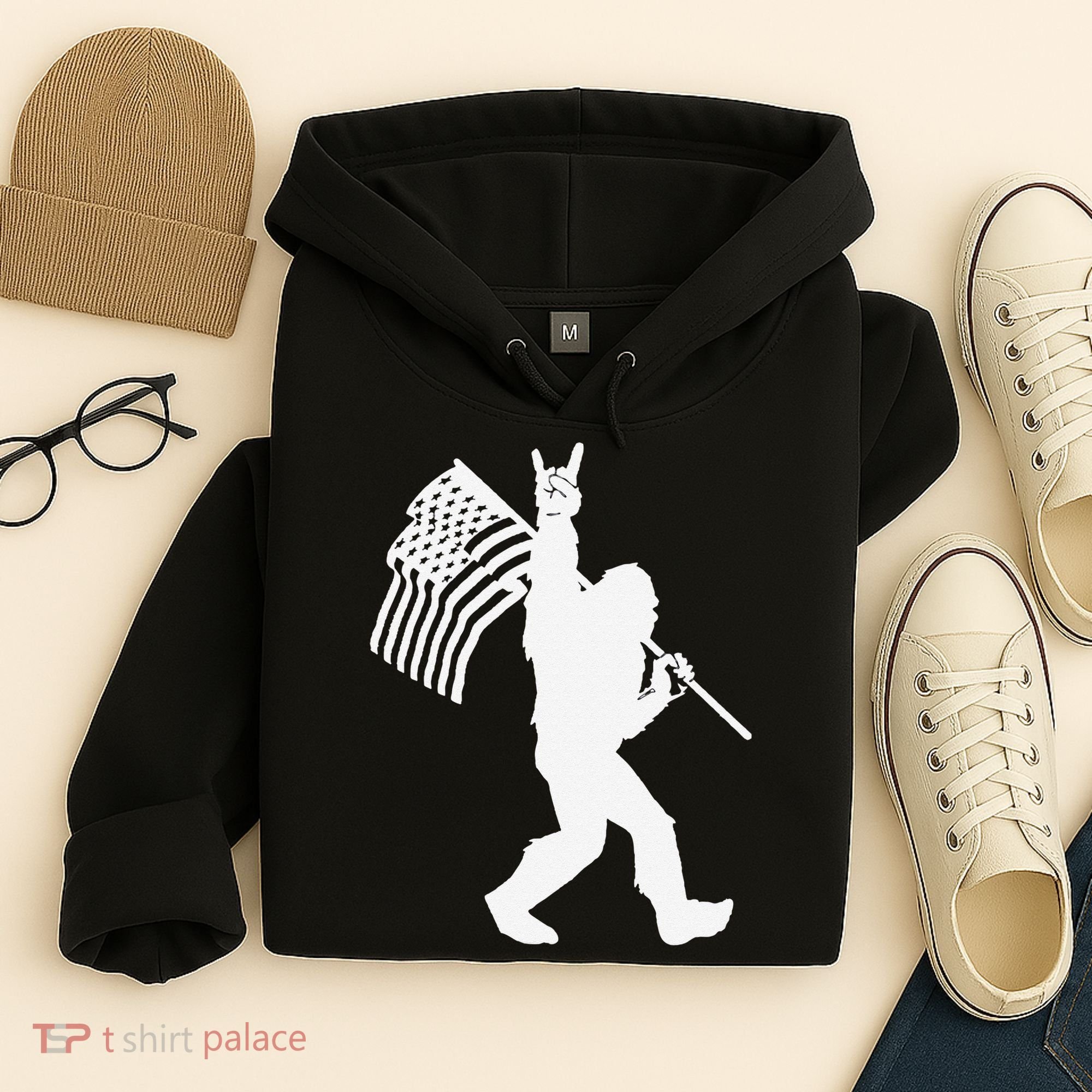 Funny Bigfoot Rock and Roll US Flag for Sasquatch Believers Hoodie