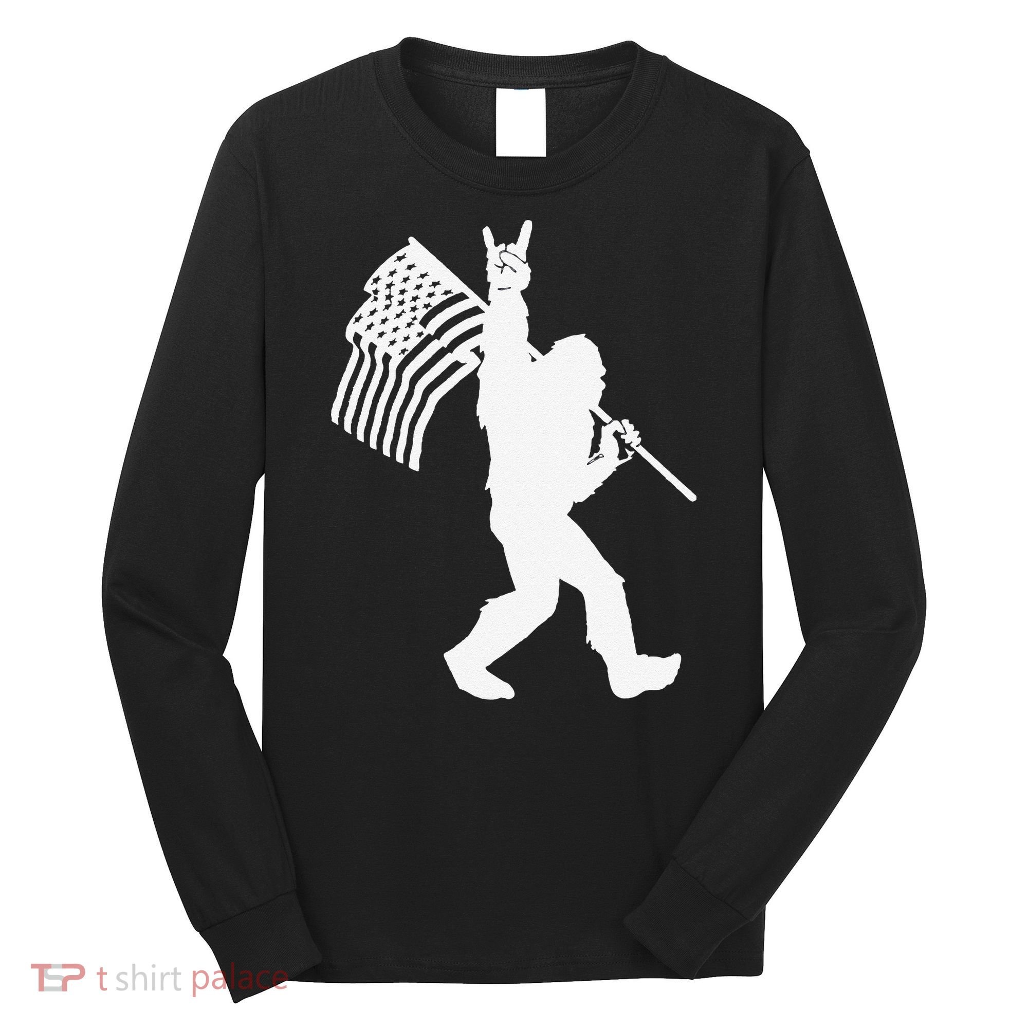 Funny Bigfoot Rock and Roll US Flag for Sasquatch Believers Long Sleeve Shirt
