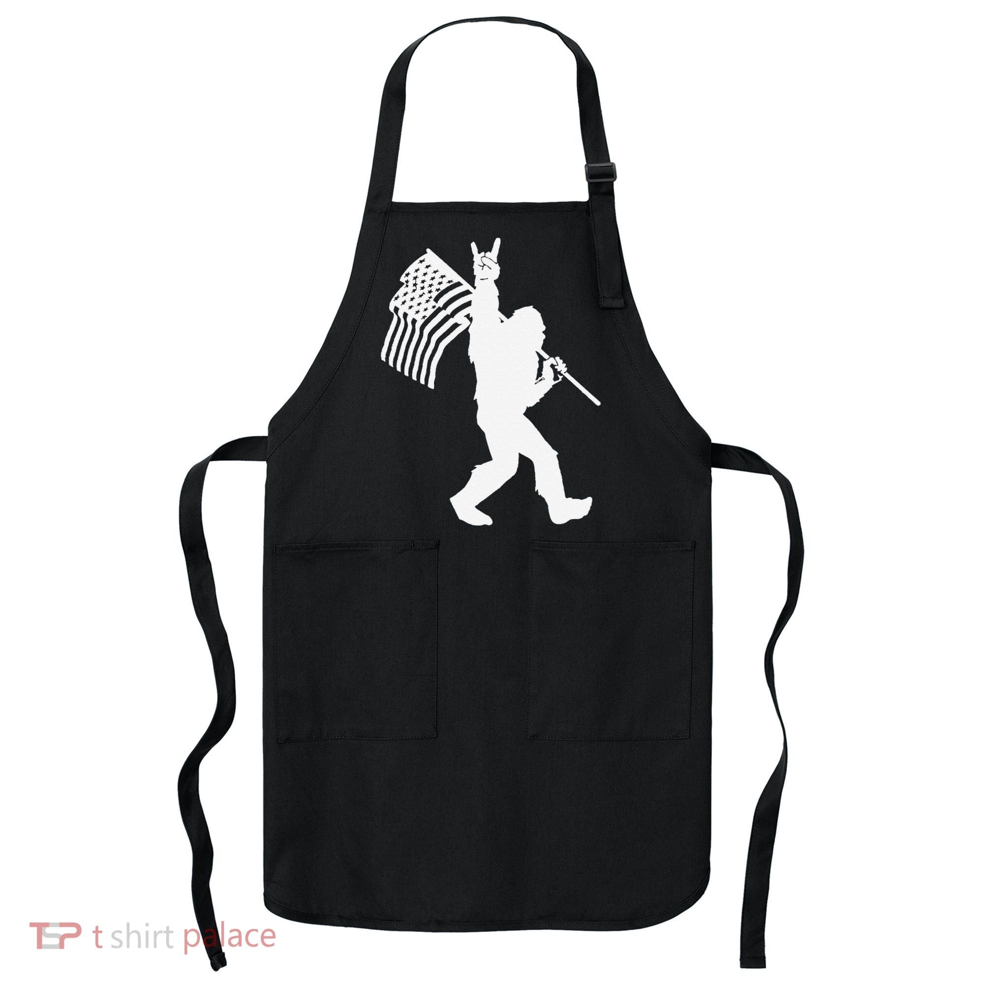 Funny Bigfoot Rock and Roll US Flag for Sasquatch Believers Apron