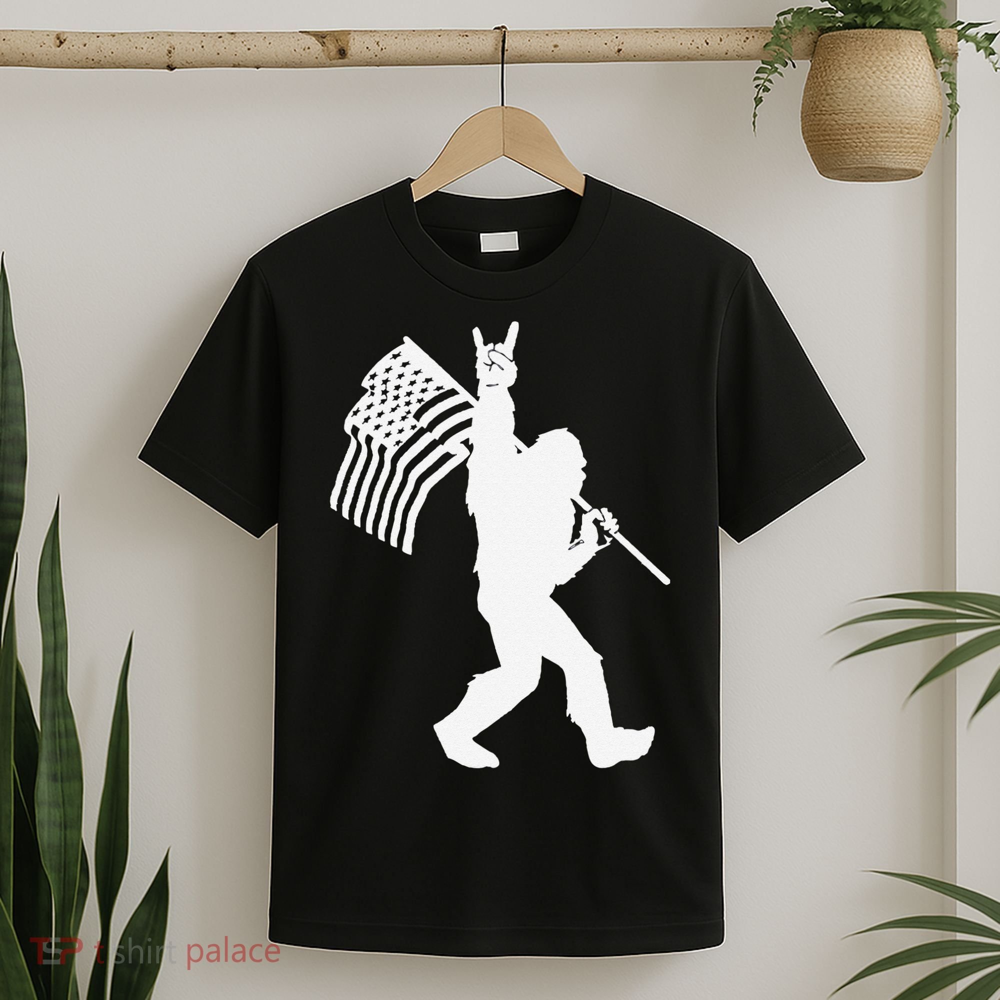 Funny Bigfoot Rock and Roll US Flag for Sasquatch Believers T-Shirt