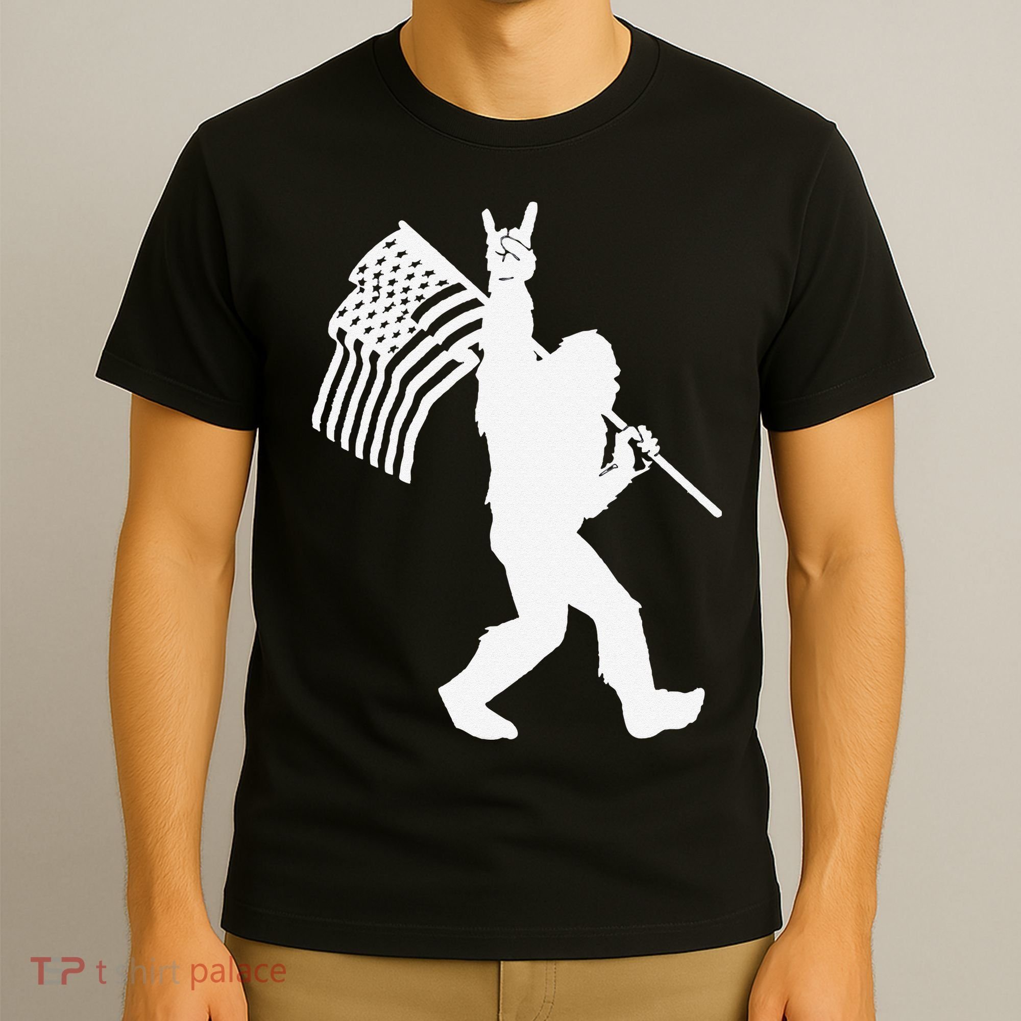 Funny Bigfoot Rock and Roll US Flag for Sasquatch Believers T-Shirt