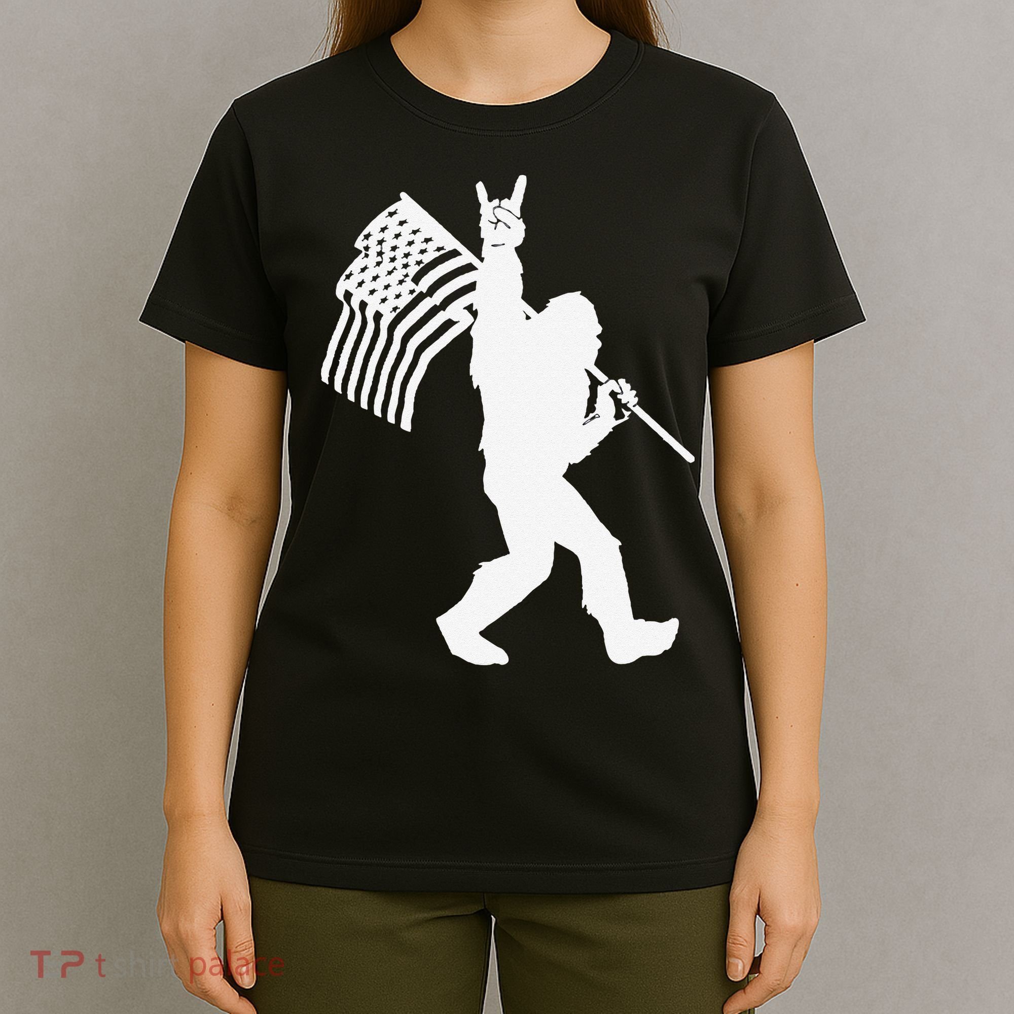 Funny Bigfoot Rock and Roll US Flag for Sasquatch Believers T-Shirt