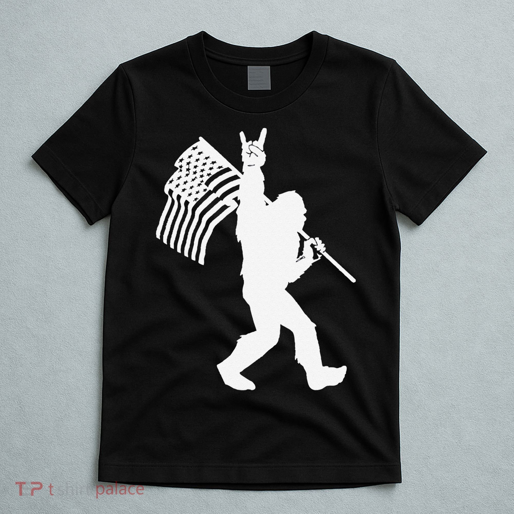 Funny Bigfoot Rock and Roll US Flag for Sasquatch Believers T-Shirt