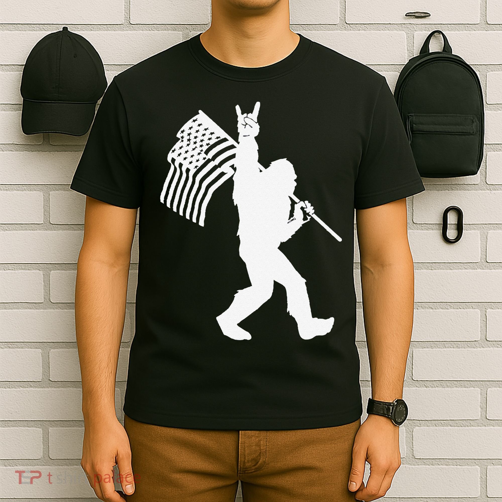 Funny Bigfoot Rock and Roll US Flag for Sasquatch Believers T-Shirt