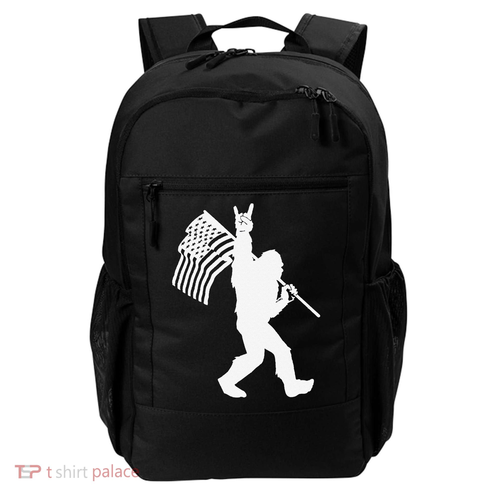 Funny Bigfoot Rock and Roll US Flag for Sasquatch Believers Backpack