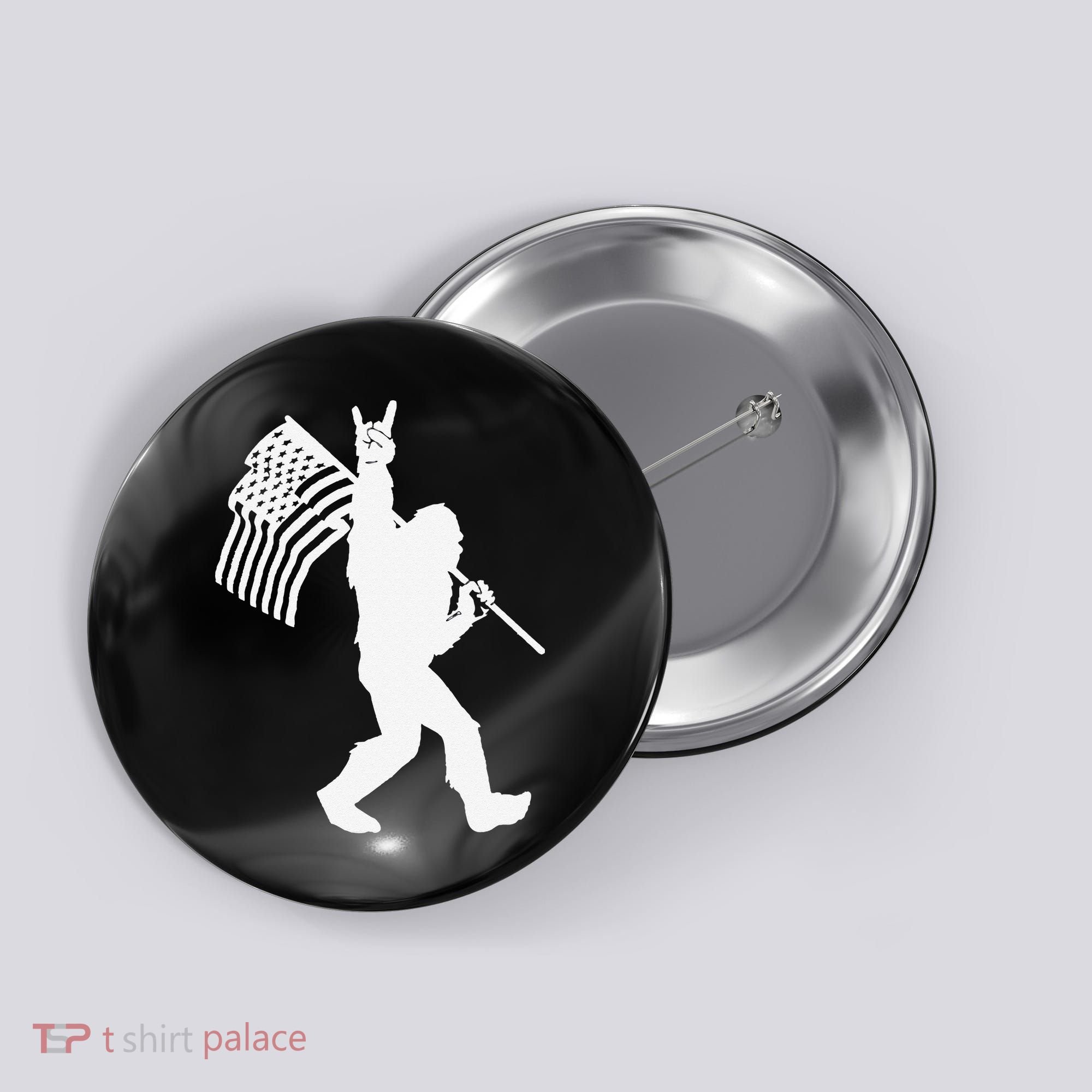 Funny Bigfoot Rock and Roll US Flag for Sasquatch Believers Button