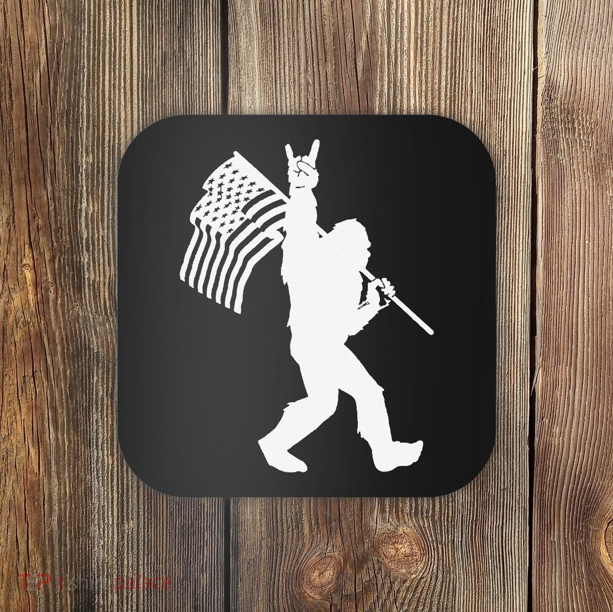 Funny Bigfoot Rock and Roll US Flag for Sasquatch Believers Coaster