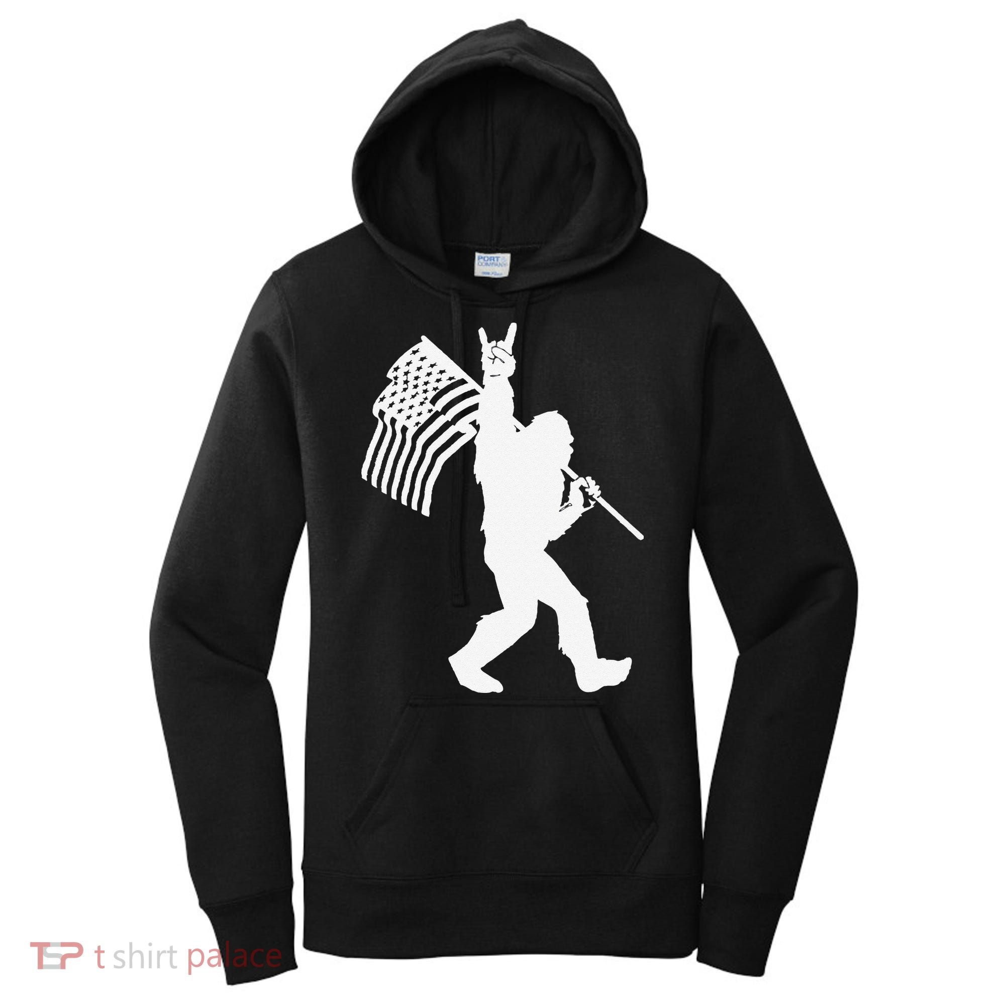 Funny Bigfoot Rock and Roll US Flag for Sasquatch Believers Women's Hoodie