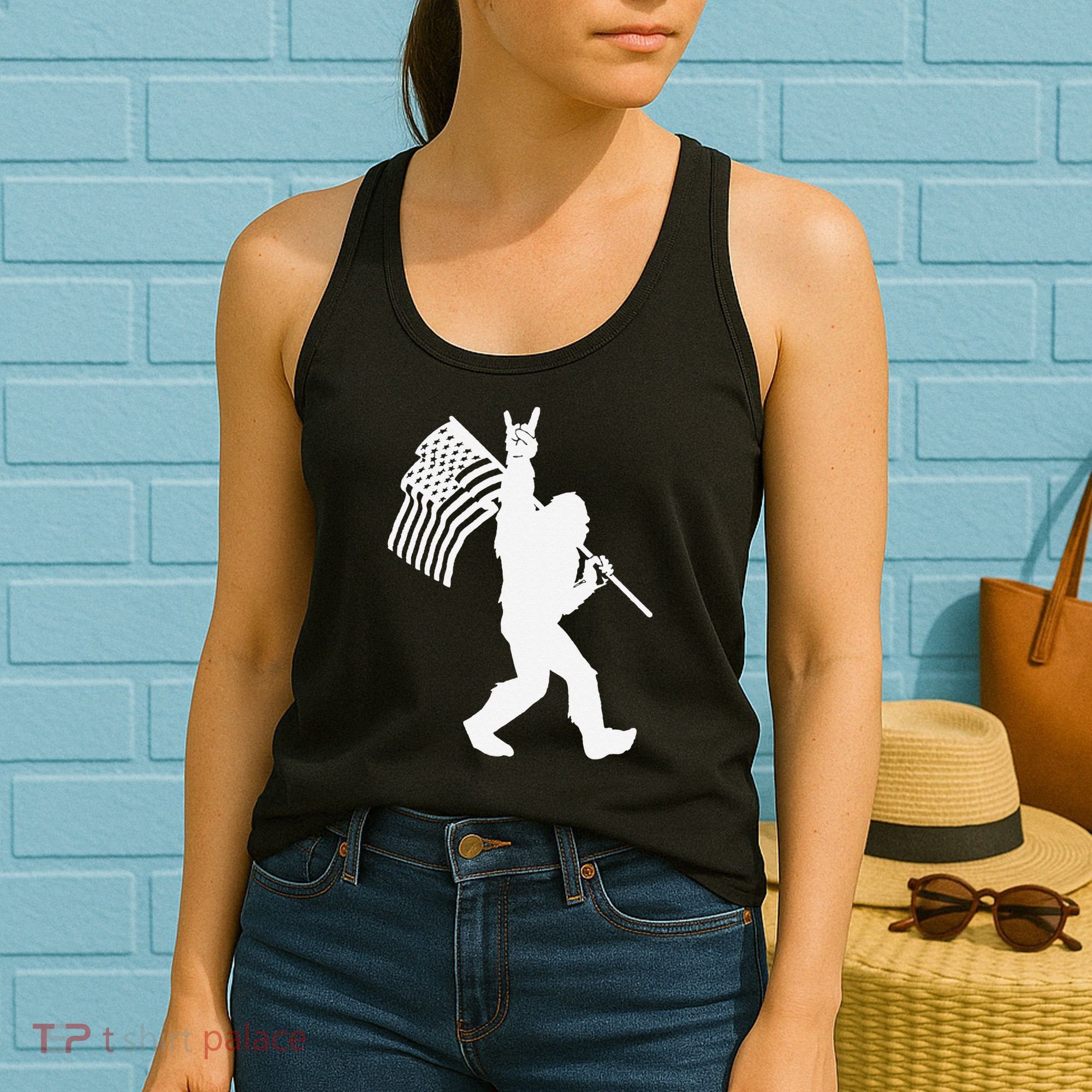 Funny Bigfoot Rock and Roll US Flag for Sasquatch Believers Women's Tank Top