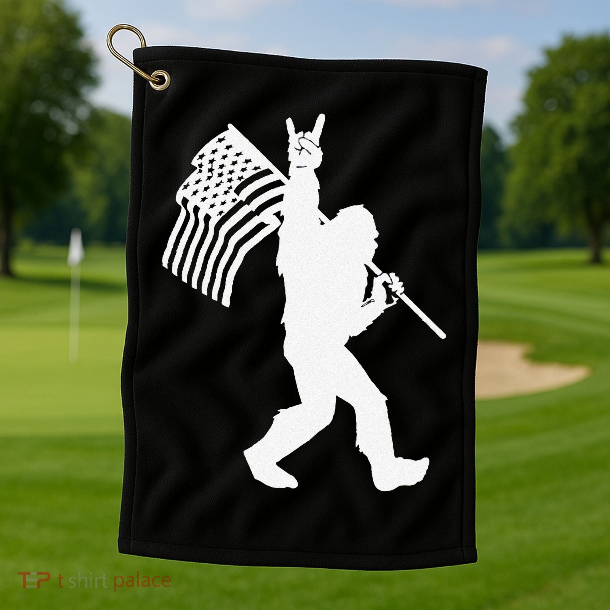 Funny Bigfoot Rock and Roll US Flag for Sasquatch Believers Golf Towel