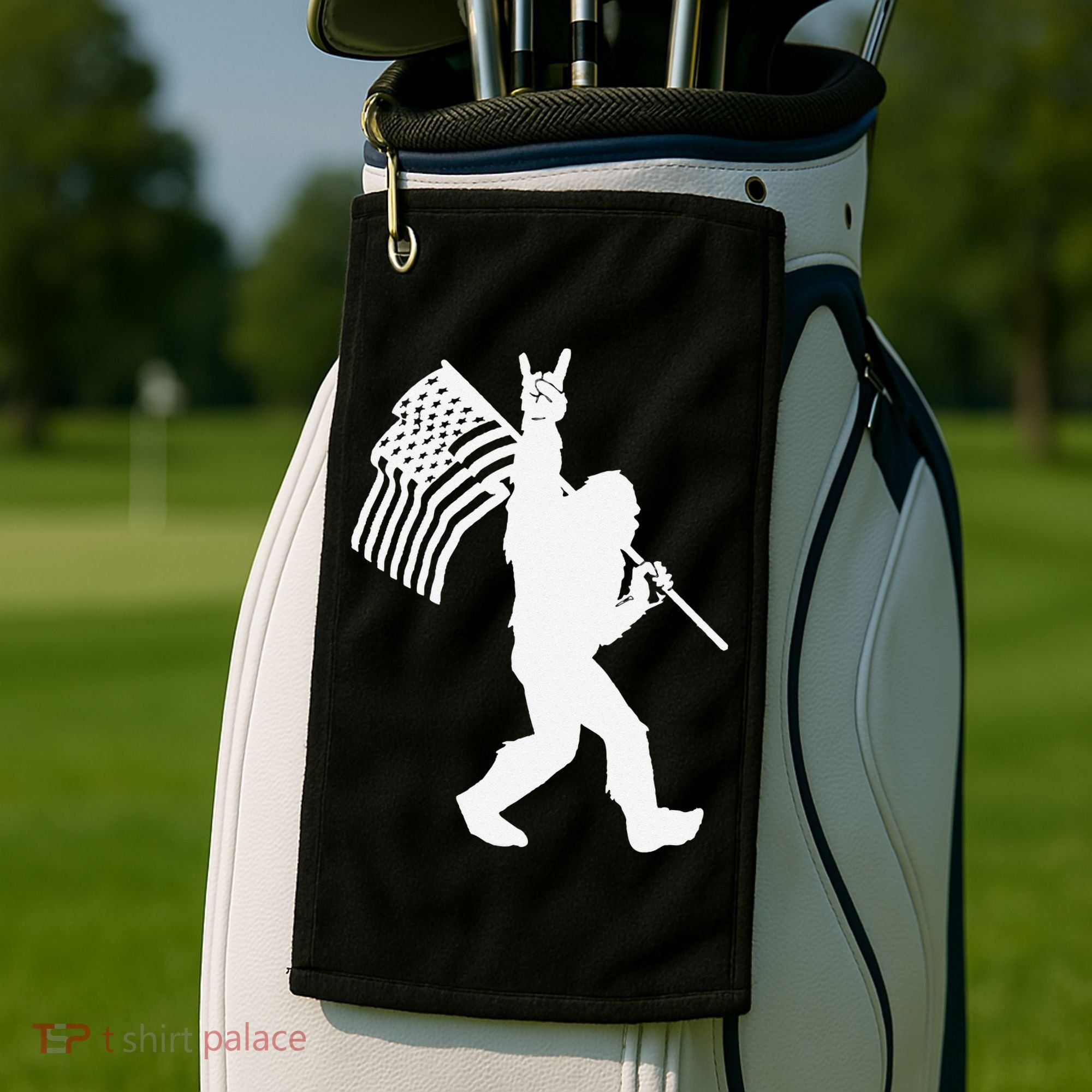 Funny Bigfoot Rock and Roll US Flag for Sasquatch Believers Golf Towel