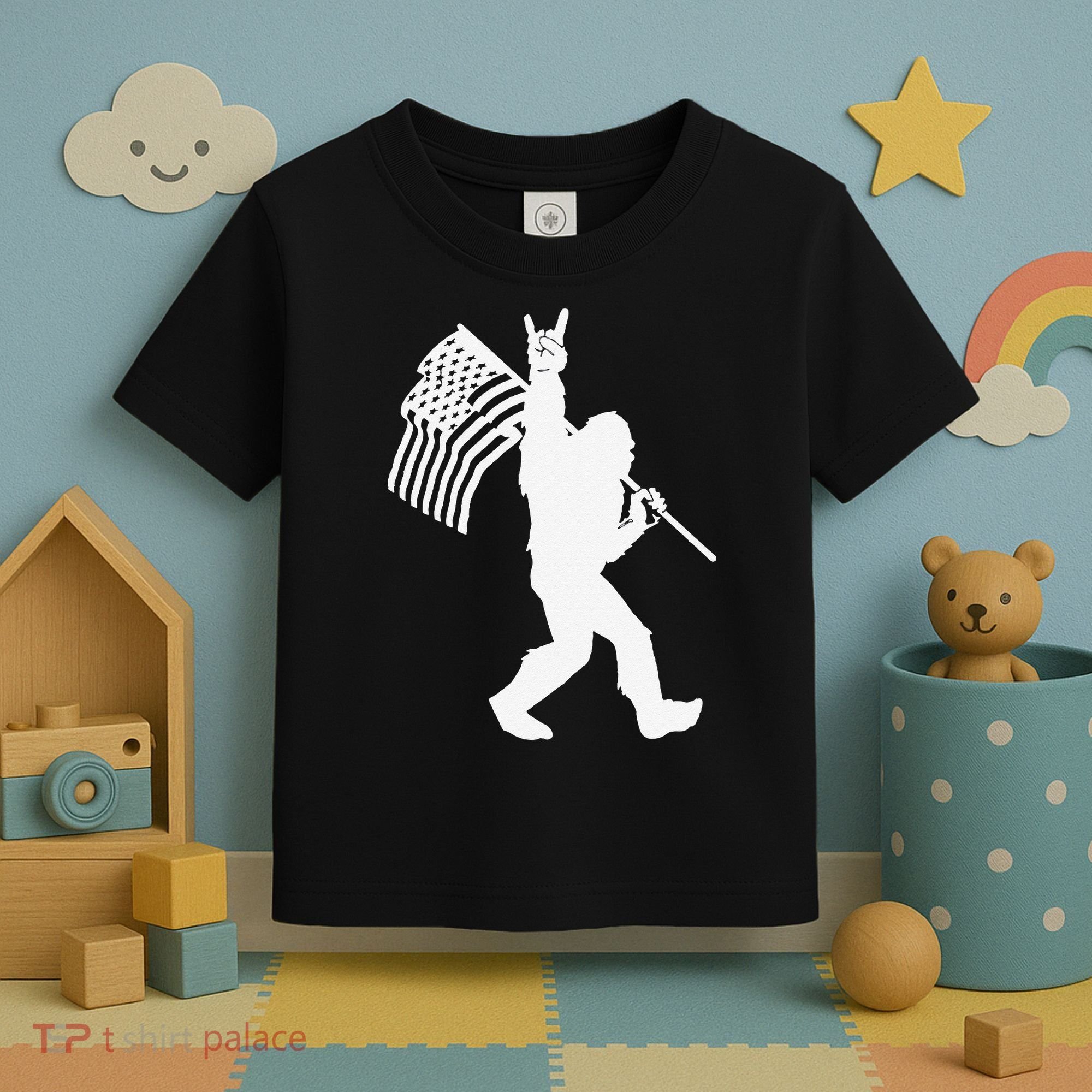 Funny Bigfoot Rock and Roll US Flag for Sasquatch Believers Toddler T-Shirt