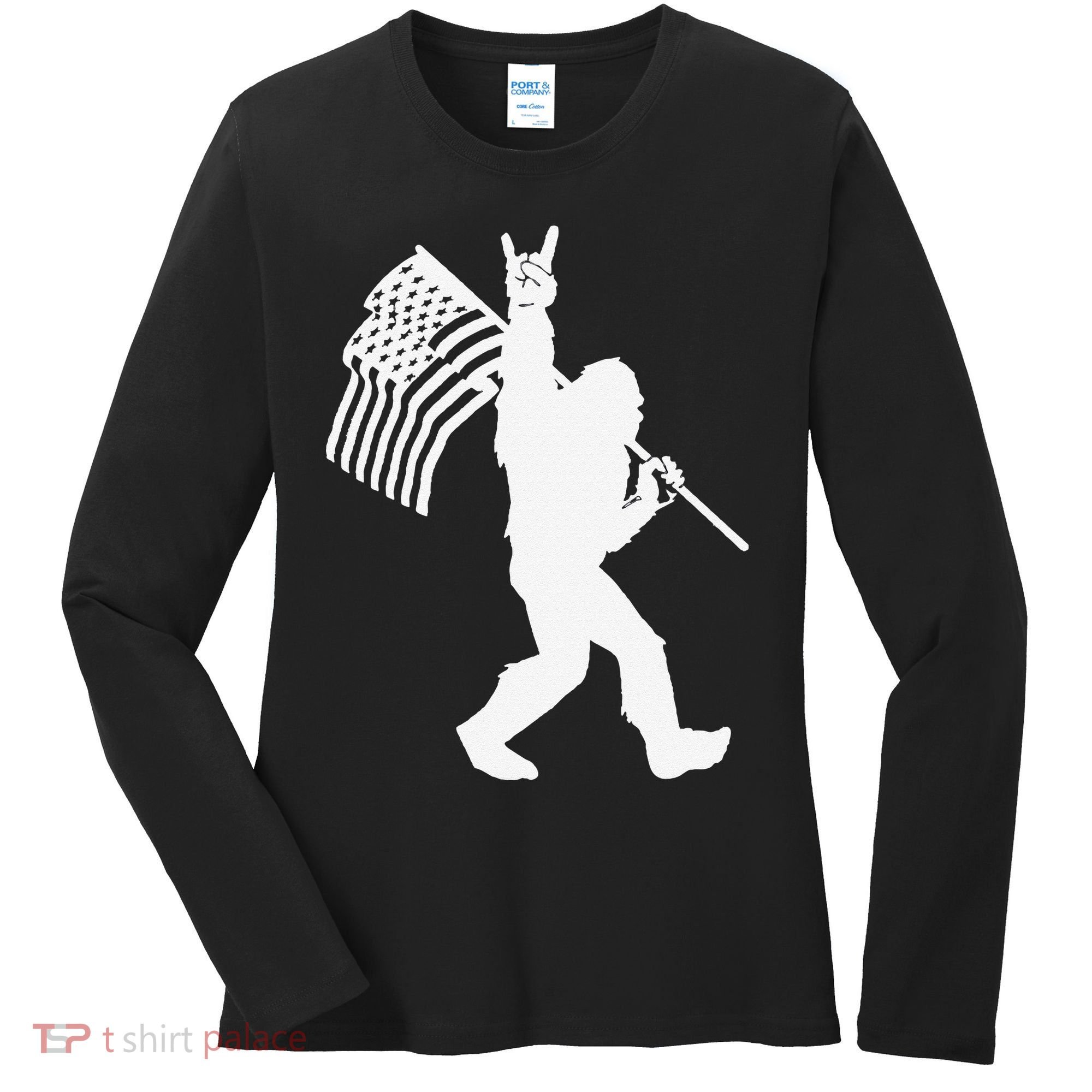 Funny Bigfoot Rock and Roll US Flag for Sasquatch Believers Women's Long Sleeve Shirt