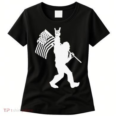 Funny Bigfoot Rock and Roll US Flag for Sasquatch Believers Women's T-Shirt
