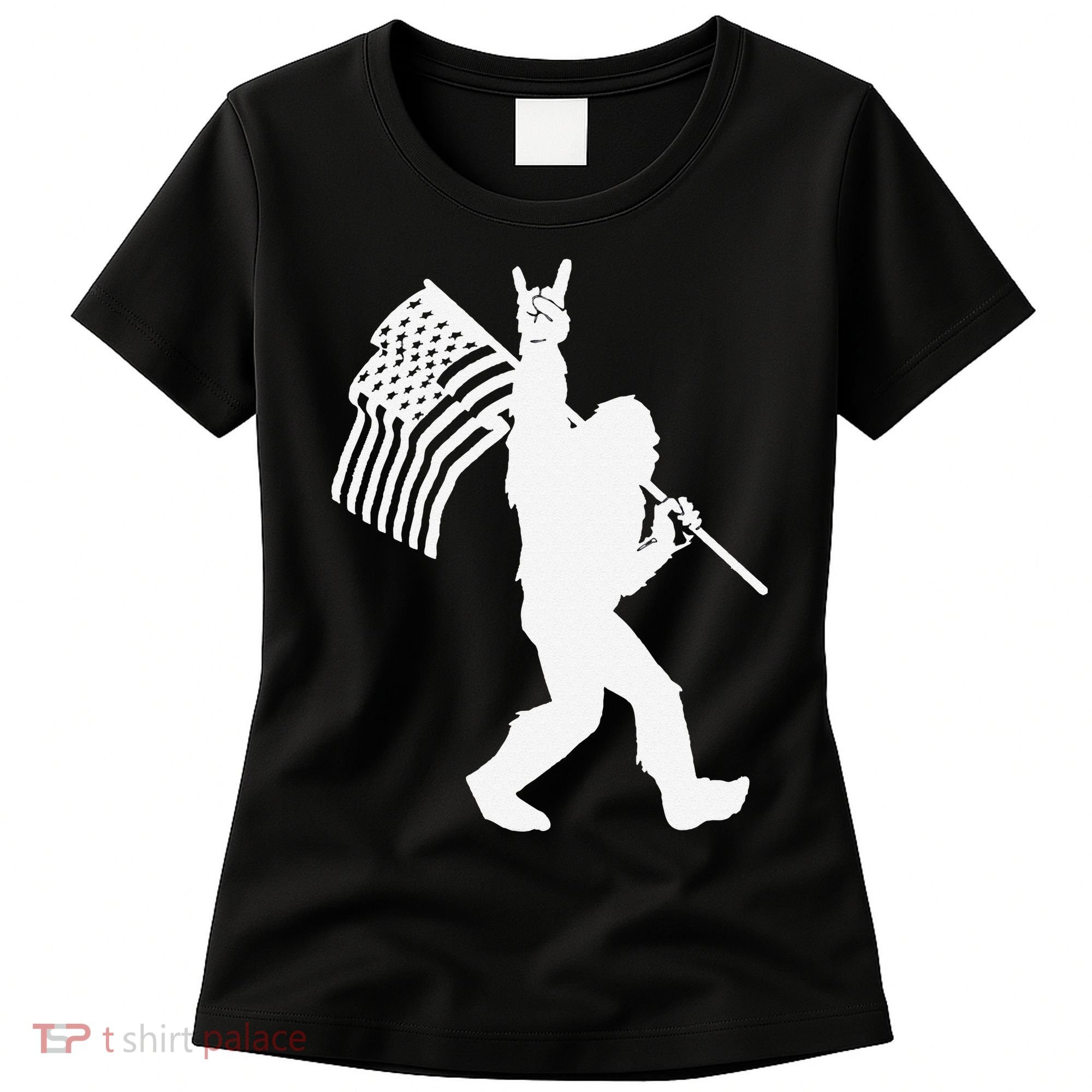 Funny Bigfoot Rock and Roll US Flag for Sasquatch Believers Women's T-Shirt