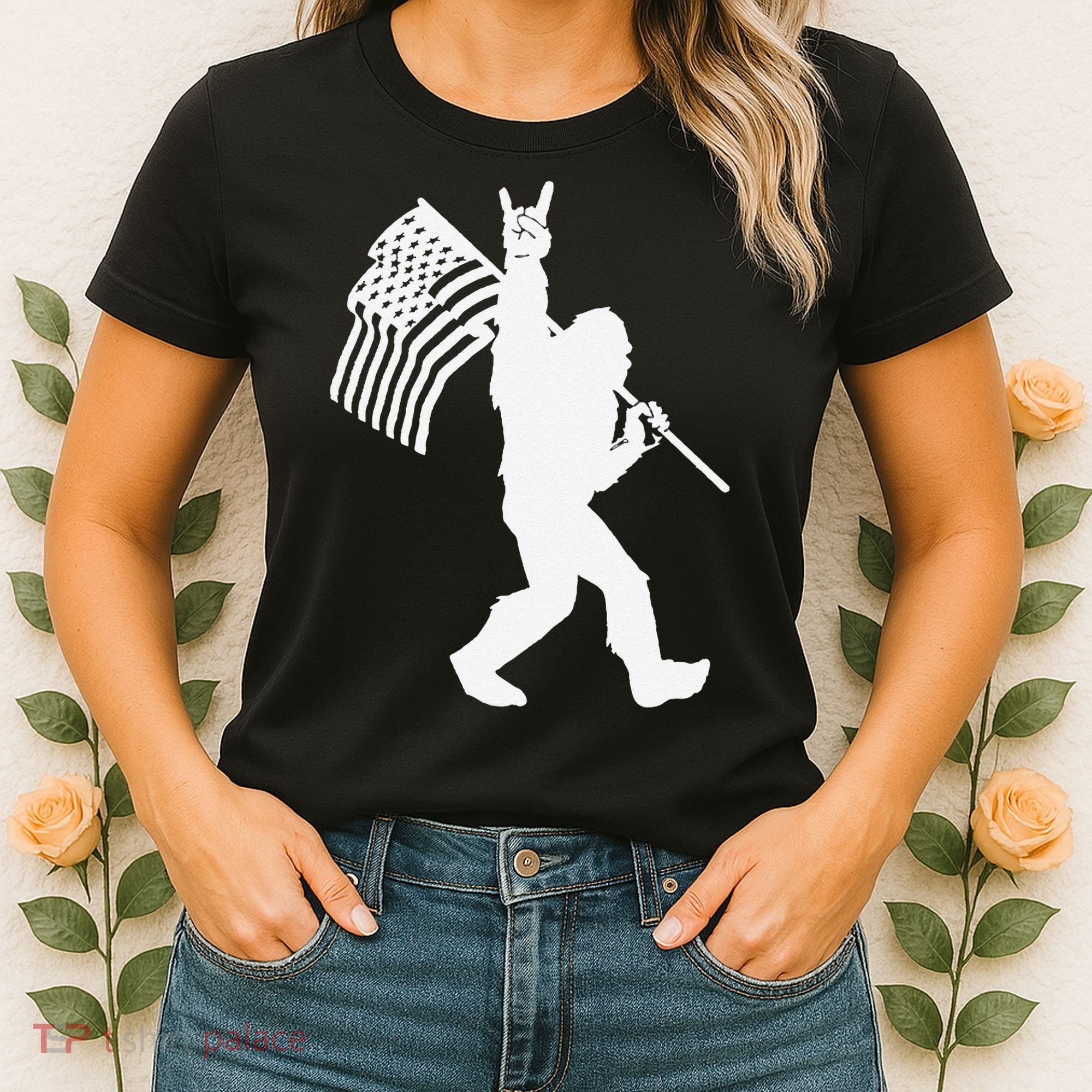 Funny Bigfoot Rock and Roll US Flag for Sasquatch Believers Women's T-Shirt