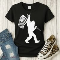 Funny Bigfoot Rock and Roll US Flag for Sasquatch Believers Women's T-Shirt thumb 3