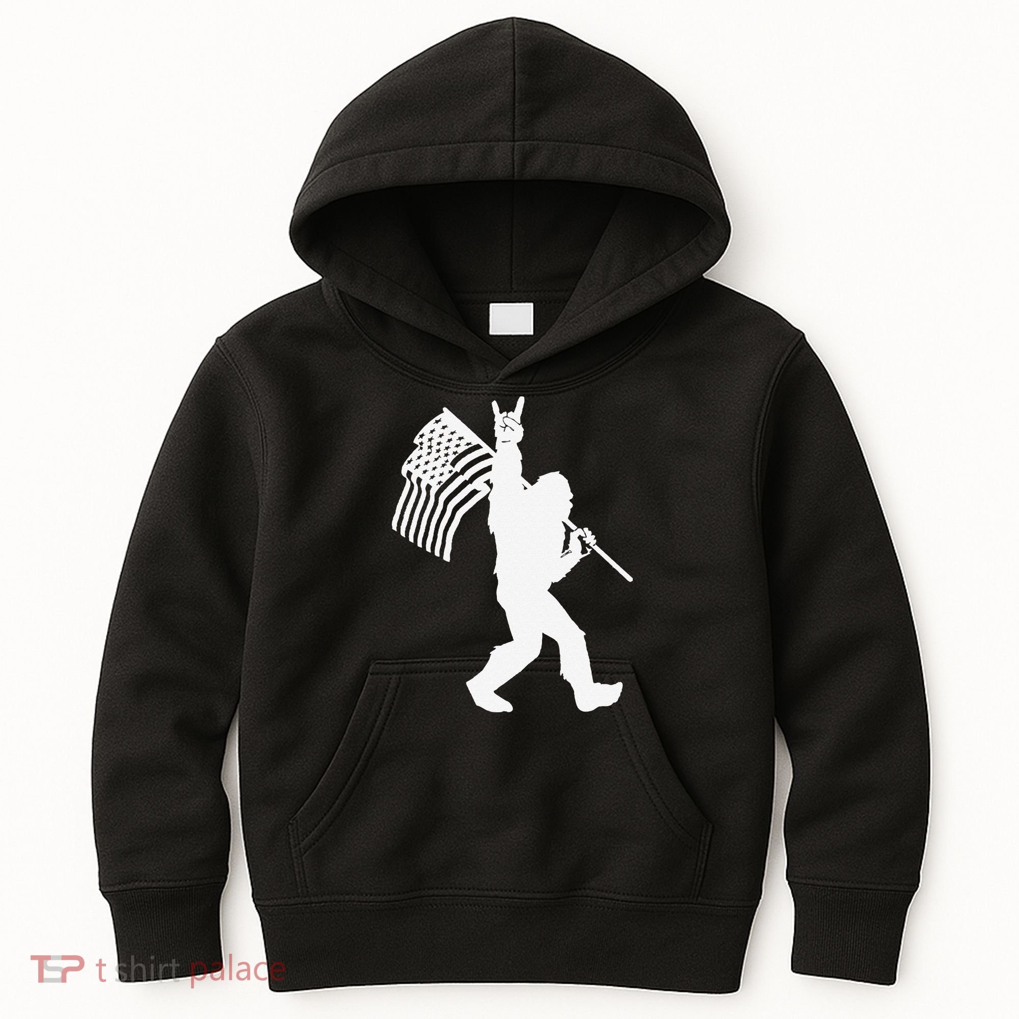 Funny Bigfoot Rock and Roll US Flag for Sasquatch Believers Kids Hoodie