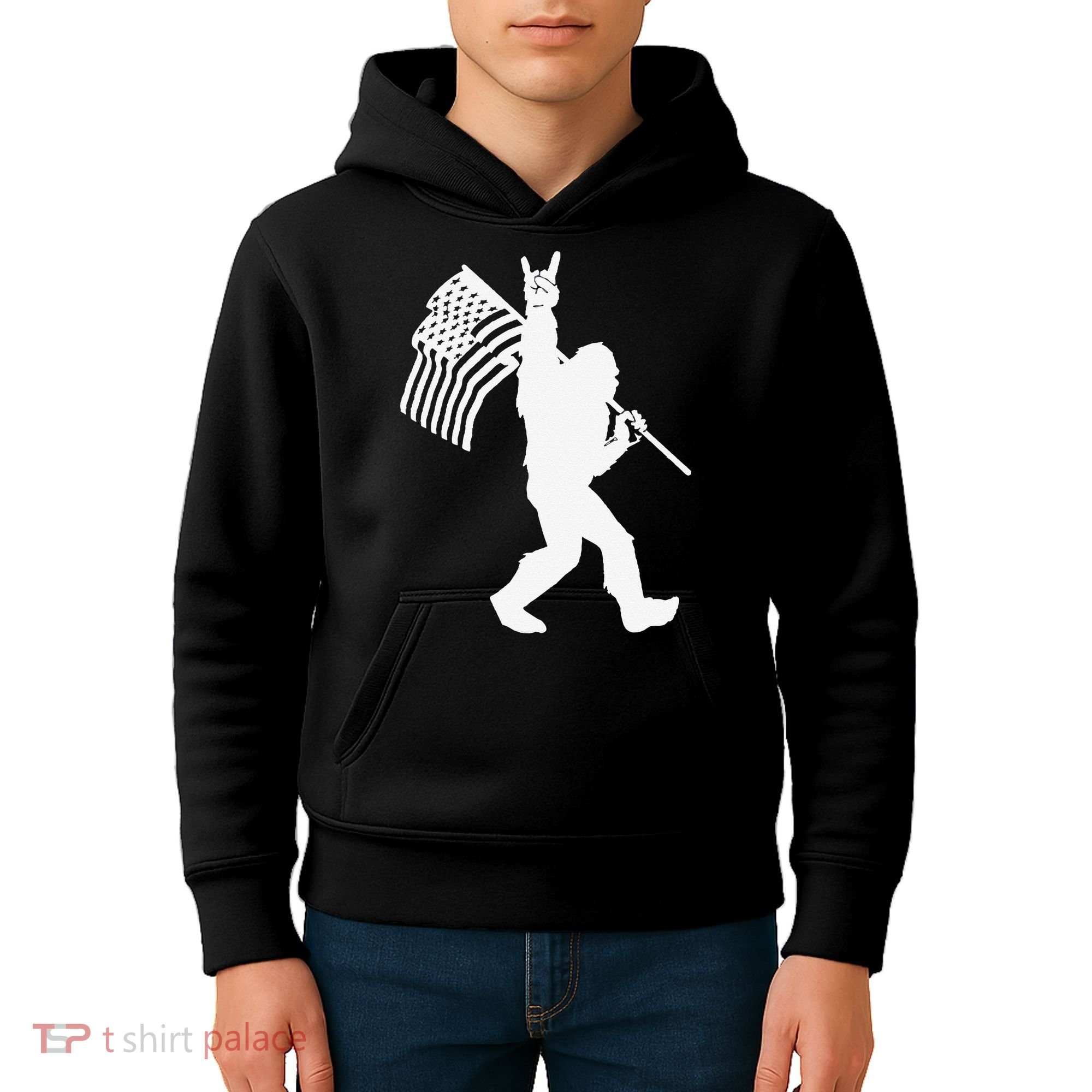 Funny Bigfoot Rock and Roll US Flag for Sasquatch Believers Kids Hoodie