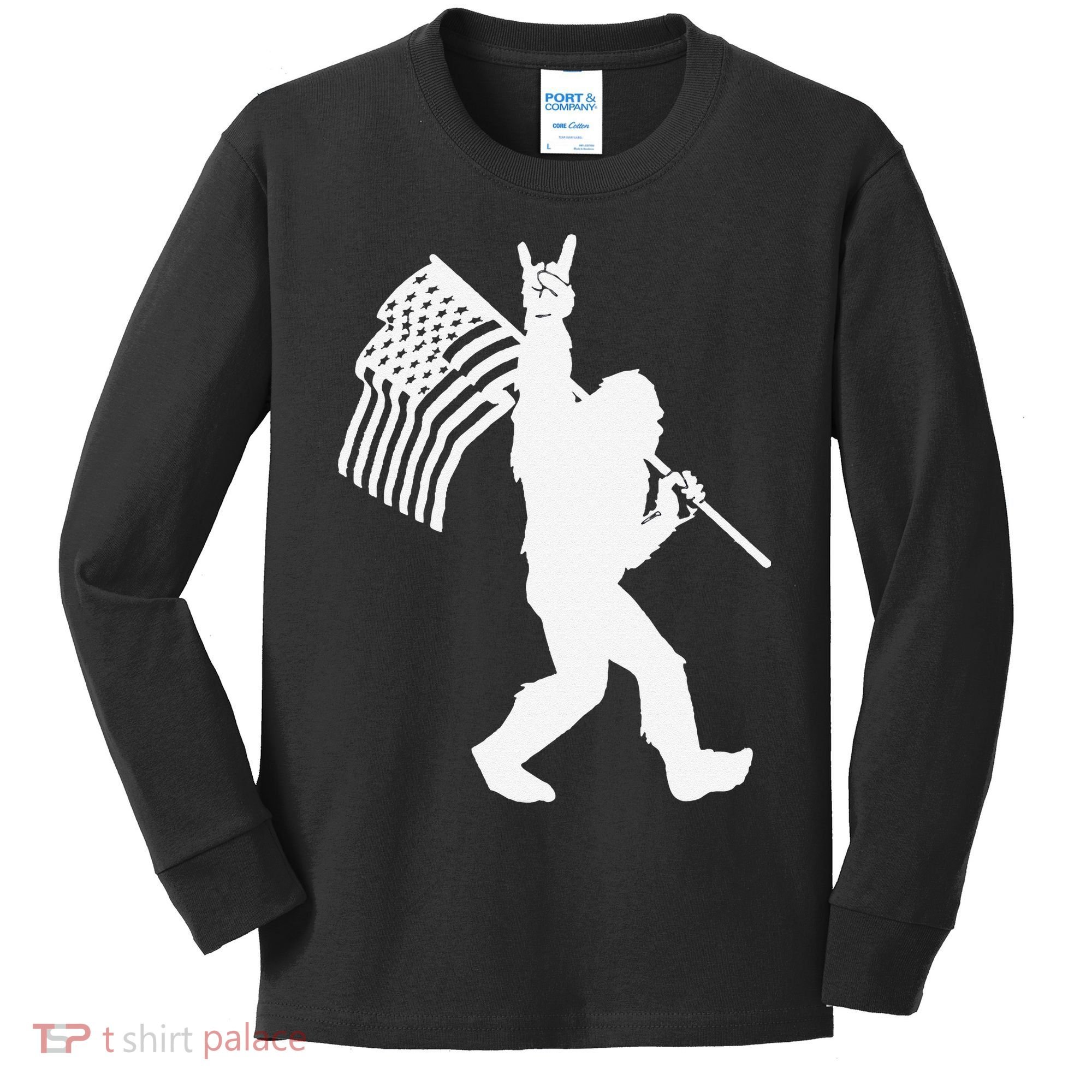 Funny Bigfoot Rock and Roll US Flag for Sasquatch Believers Kids Long Sleeve Shirt
