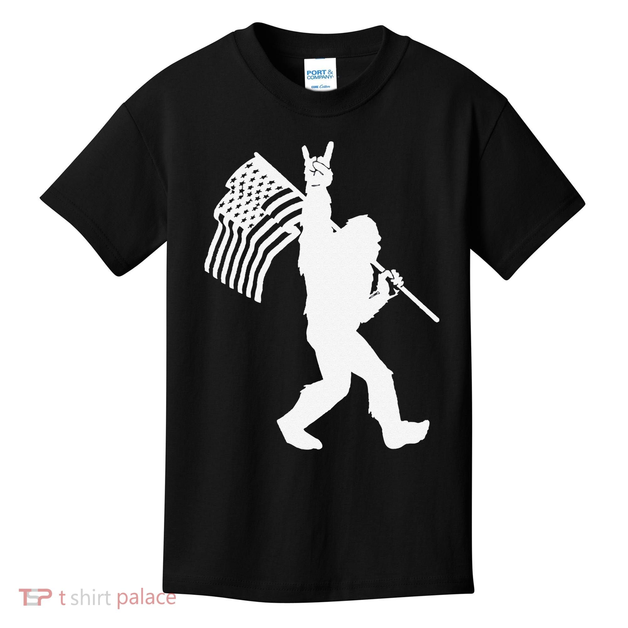 Funny Bigfoot Rock and Roll US Flag for Sasquatch Believers Kids T-Shirt