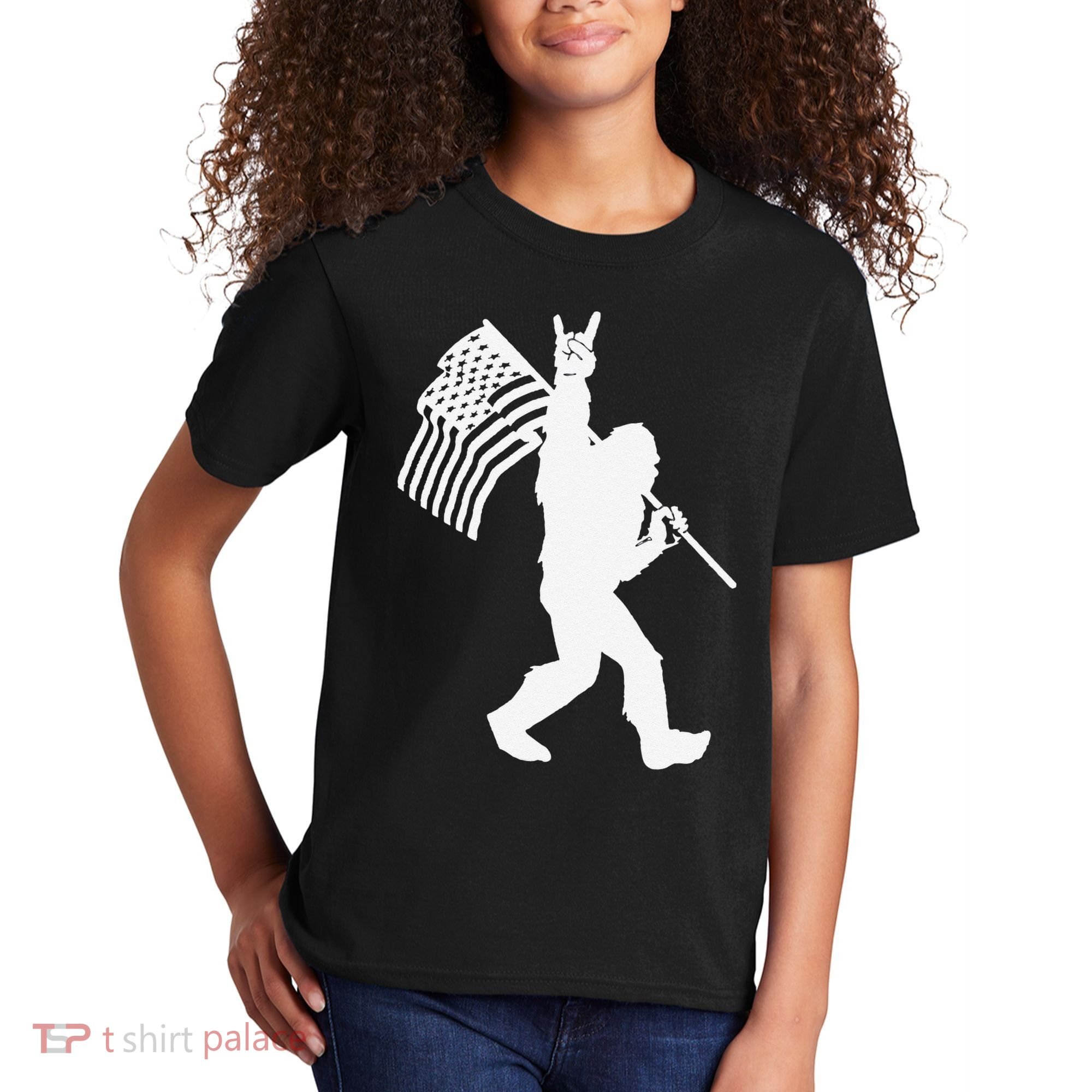 Funny Bigfoot Rock and Roll US Flag for Sasquatch Believers Kids T-Shirt