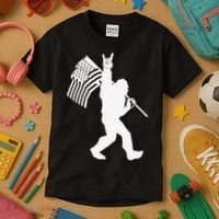 Funny Bigfoot Rock and Roll US Flag for Sasquatch Believers Kids T-Shirt thumb 3