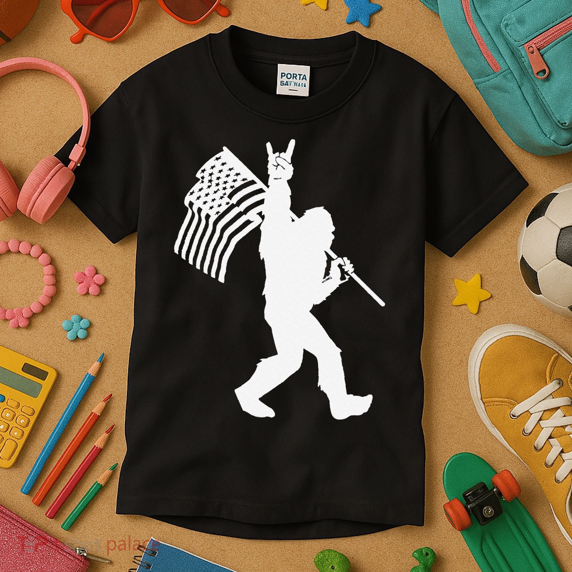 Funny Bigfoot Rock and Roll US Flag for Sasquatch Believers Kids T-Shirt